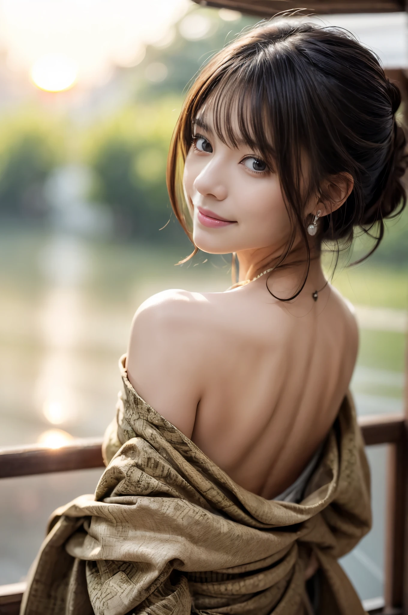 (Photoreal Stick:1.5, masutepiece:1.5, RAW shooting, 8K), (top-quality, masterpiece, 超A high resolution), morning, ((Shoot with blur:1.7)), (fog the lens:1.6), (reflect light onto the lens:1.7), ((sunrises, Sunlight coming in from behind:1.7, morning日の陽光が画面いっぱいに広がる:1.7)), ((morning日の陽光が女性を照らす:1.8)), ((画面全体がmorning日の陽光のせいで白く霞んで見える:1.8)), ((女性はmorning日の陽光でぼんやりして見える:1.9)), Face Sharp Focus:1.3, Professional camera work:1.3, Highly detailed skin and facial texture:1.3, Grow Light Effect, The ultra-detailliert:1.3, 1girl in, Fair skin, (Sense of clarity:1.4, a small face), Extremely beautiful face:1.5, (Sense of clarityを感じる目:0.9, looking distantly), A smile:1.0, i love you completely:0.8, (Slightly open mouth:0.4, Sense of clarityを感じる口当たり:0.7), 二重まぶた, Dark brown medium hair, necklace and earrings, (Japanese silver kimono, off shoulders)