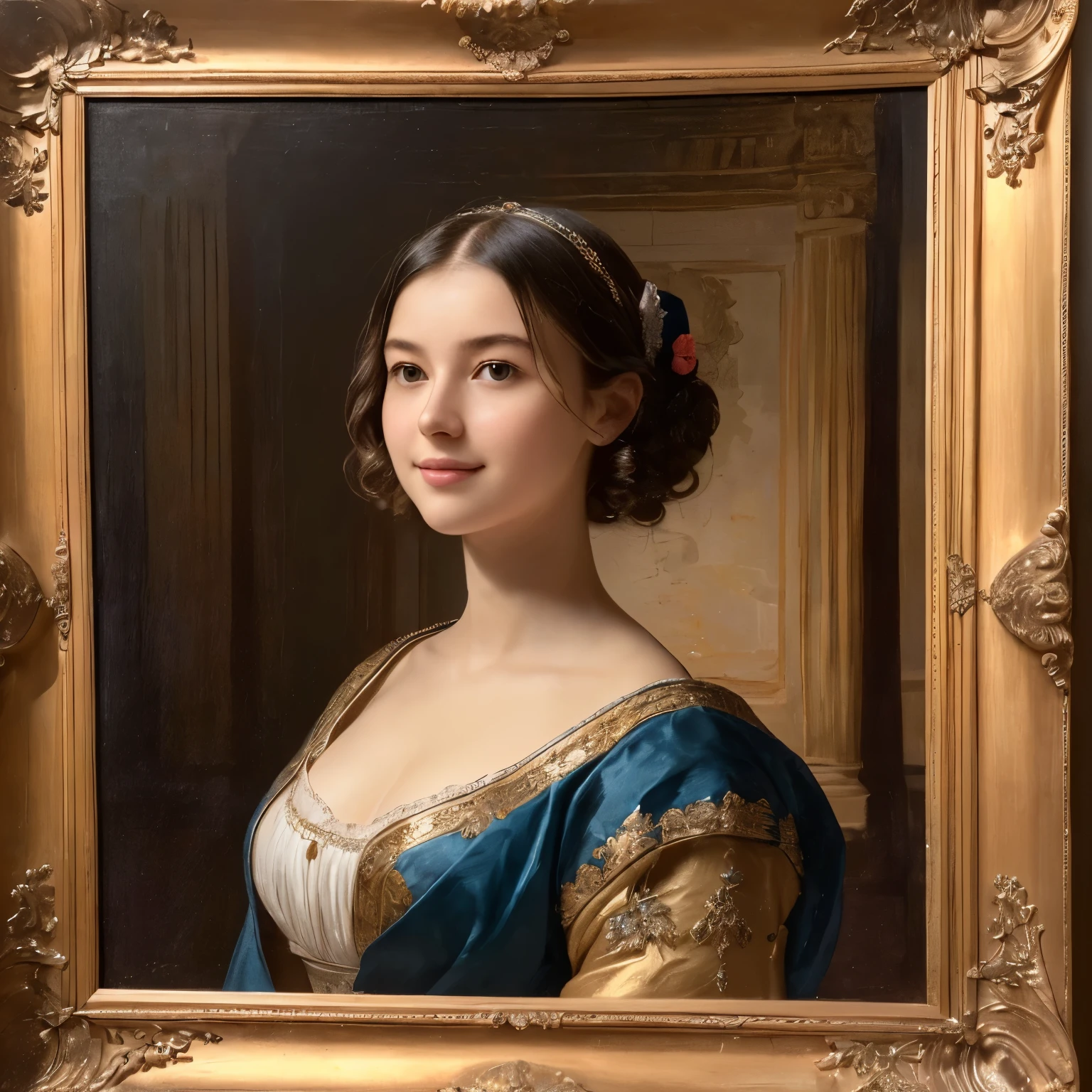 142
(a 20 yo woman,in the palace), (A hyper-realistic), (high-level image quality), ((beautiful hairstyle 46)), ((short-hair:1.46)), (kindly smile), (breasted:1.1), (lipsticks), (wearing a blue dress), (murky,wide,Luxurious room), (florals), (an oil painting、Rembrandt)