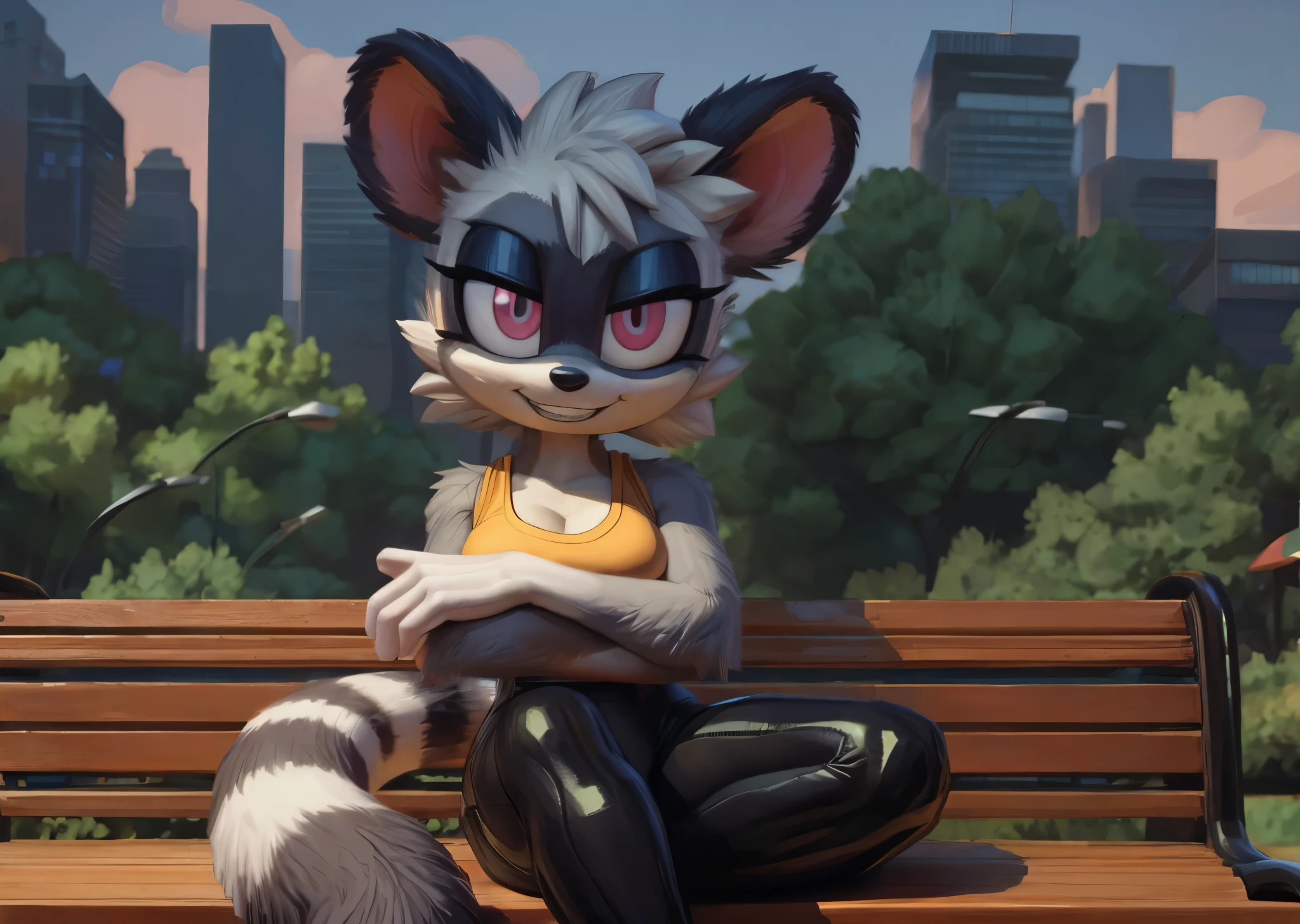 [tangle the lemur], [sonic the hedgehog], [Uploaded to e621.net; (Pixelsketcher), (wamudraws), (napalm_express)], ((masterpiece)), ((HD)), ((solo portrait)), ((front view)), ((full body)), ((detailed fur)), ((detailed shading)), ((cel shading)), ((beautiful render art)), ((intricate details)), {anthro, (slim figure), (grey fur), black nose, animal ears, cute pink eyes, (half-closed eyes), short eyelashes, short hair, hair bang, (long lemur tail), (curvy hips), (beautiful legs), (smug grin)}, {(yellow tank top), (black spandex yoga bodysuit), (cleavage), (leggings), (yellow sneakers), (white gloves)}, {(sitting on bench), (crossed arms), (looking at viewer)}, [background; (city), (park), (blue sky), (sun rays)]