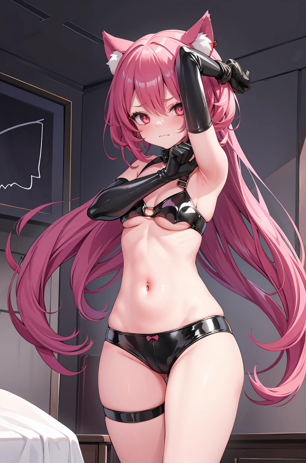 1 girl,Alone,Permanent,navel,latex,bat underwear, , gloves on the elbow, underbust, Chopping, clenched hands, cow boy shot, , Be red in the face, scowling, Wavy mouth, Keep your mouth shut, Bedrooms, Cat ears, Very long hair, Put your arms by your sides,