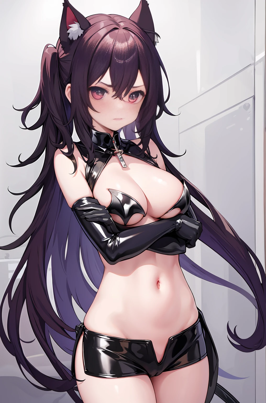 1 girl,Alone,Permanent,navel,latex,bat underwear, , gloves on the elbow, underbust, Chopping, clenched hands, cow boy shot, , Be red in the face, scowling, Wavy mouth, Keep your mouth shut, Bedrooms, Cat ears, Very long hair, Put your arms by your sides,