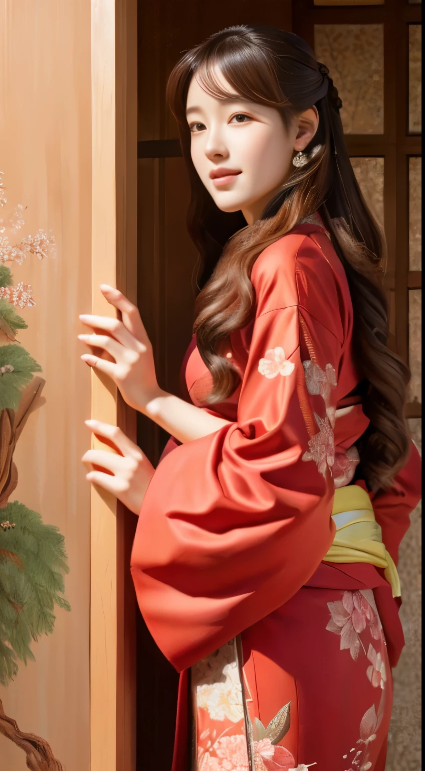 High-quality images,Solo, 1girl in, Eyes in detail,, chestnut bristles, Looking at Viewer, Portrait, Detailed drawing and face, Long hair, Closed mouth,Unparalleled beauty details,The surroundings are shining, Red kimono,Full body high-definition painting,