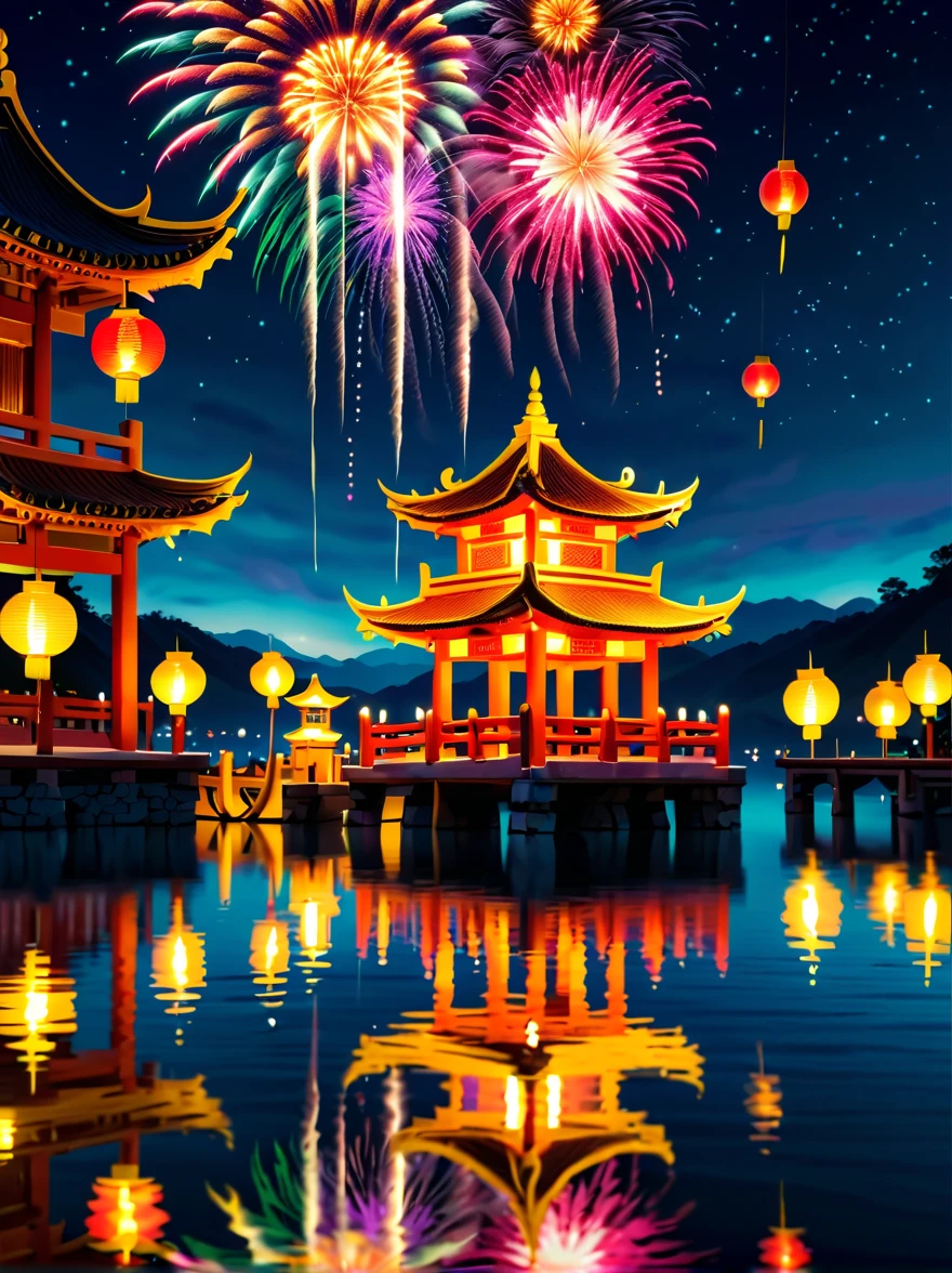 Beautiful town celebrates New Year's Day New Year's countdown,new year 2024,Colorful lanterns and decorations,children playing and dancing,Huge countdown clock with gorgeous patternireworks in the night sky,Performer juggling ribbons,Colorful lanterns and decorations,Performer juggling colorful ribbons,Gorgeous temple,Incense,offering offerings,People make wishes and pray,Calm lake lit with candleeautiful reflection of fireworks and lanterns,a joyful atmosphere,(best qualtiy,8k,A high resolution,tmasterpiece,ultra - detailed,UHD,hyperdetailed painting,Sharp focus,physically-based renderingt,extreme detail description,professinal,vivd colour,bokeh)