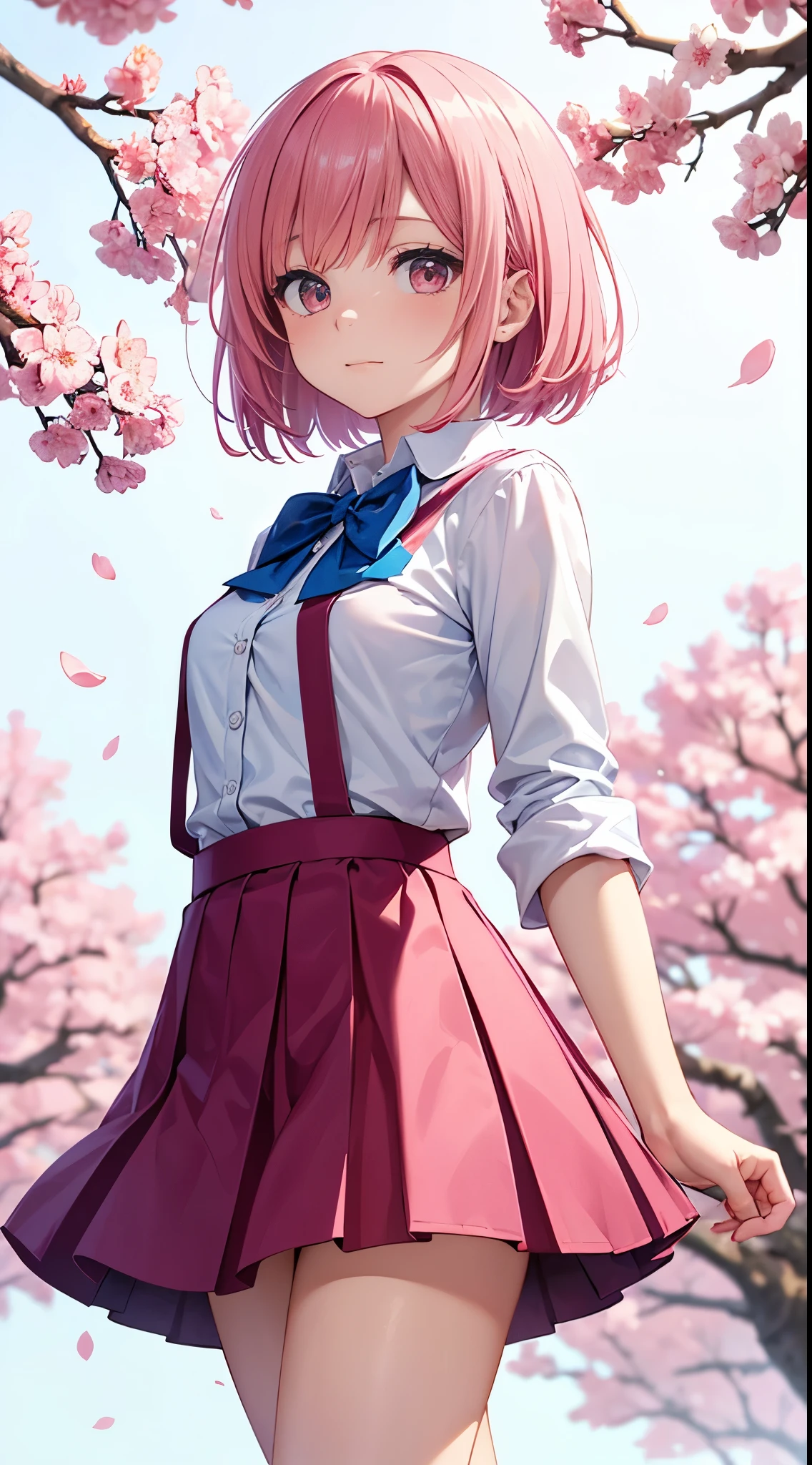 masutepiece, The upper part of the body, 1girl in, Solo,, Pink tones, Manga style, pink cherry blossoms nearby,14years, Pink hair, Bob Hair，blue suspender skirt uniform, White shirt, blue neck bow tie, (White background), Looking at the viewer, side front pose