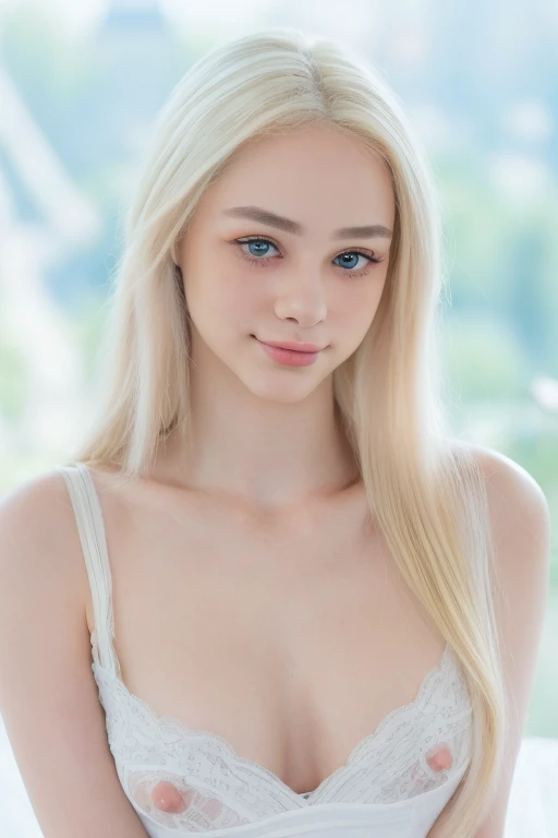 RAW,, Nikon Z 85mm, award-winning glamor photography, ((best quality)), ((masterpiece)), ((realistic)), beautiful russian woman, white lace dress, white skin, 18 years old, (long blonde hair),smile, hazel eyes, perky huge breasts, sitting in the bed, eiffel tower in the background, ((huge breasts)), innocent, intricate details, highly detailed, sharp focus, professional, 4k, divine rays, hand model, stunning blue eyes, small, delicate, innocent, high resolution, detailed facial features, high detail, sharp focus, soft , aesthetic, extremely detailed, photo_\(ultra\), photorealistic, realistic, post-processing, maximum detail, roughness, real life, ultra-realistic, photorealism, photography, 8k uhd, photography, SEMHOUETTE light, russian face