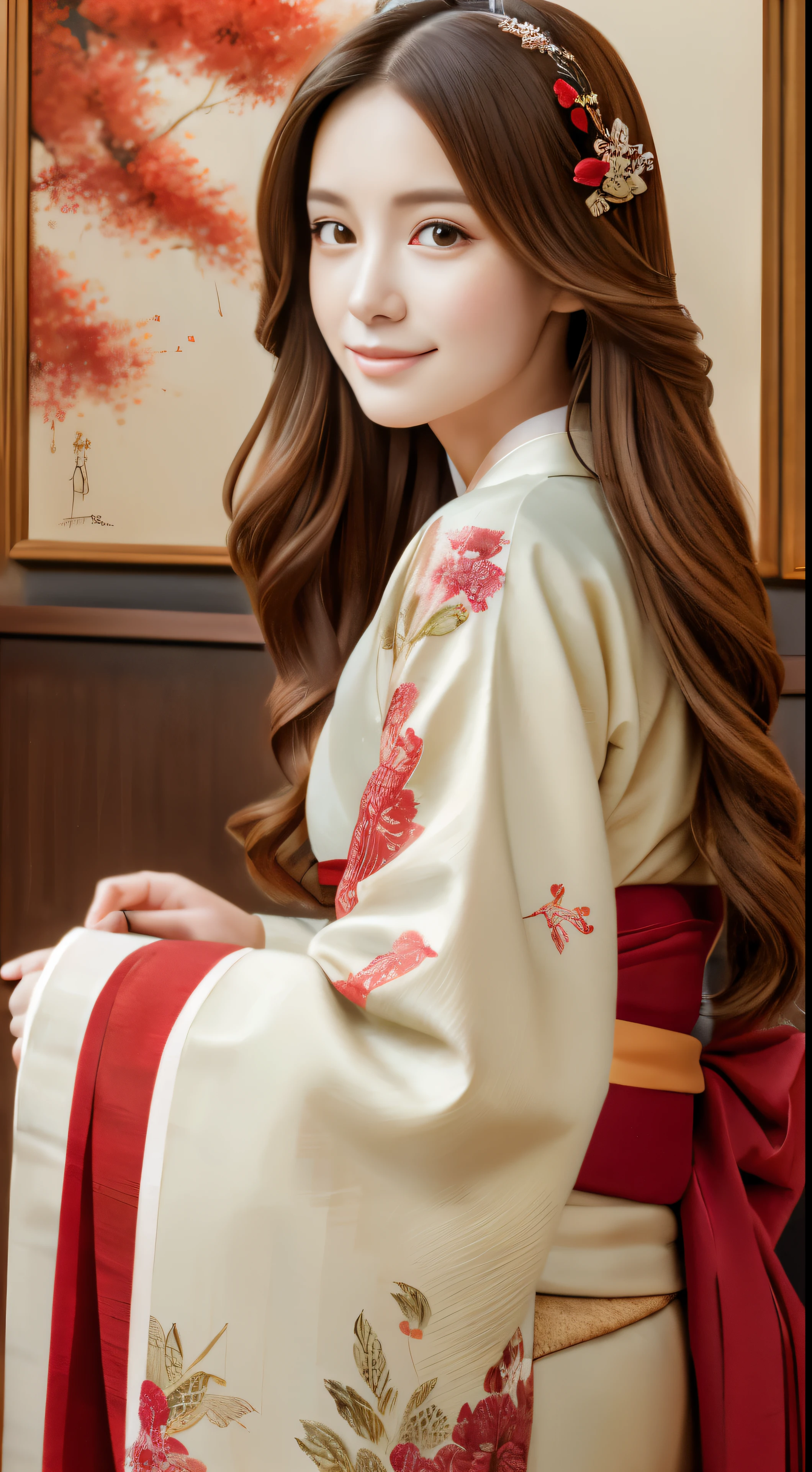 High-quality images,Solo, 1girl in, Eyes in detail,, chestnut bristles, Looking at Viewer, Portrait, detailed drawings and faces, Long hair, Closed mouth,Unparalleled beauty details,The surroundings are shining, Red kimono,Full body high-definition painting,