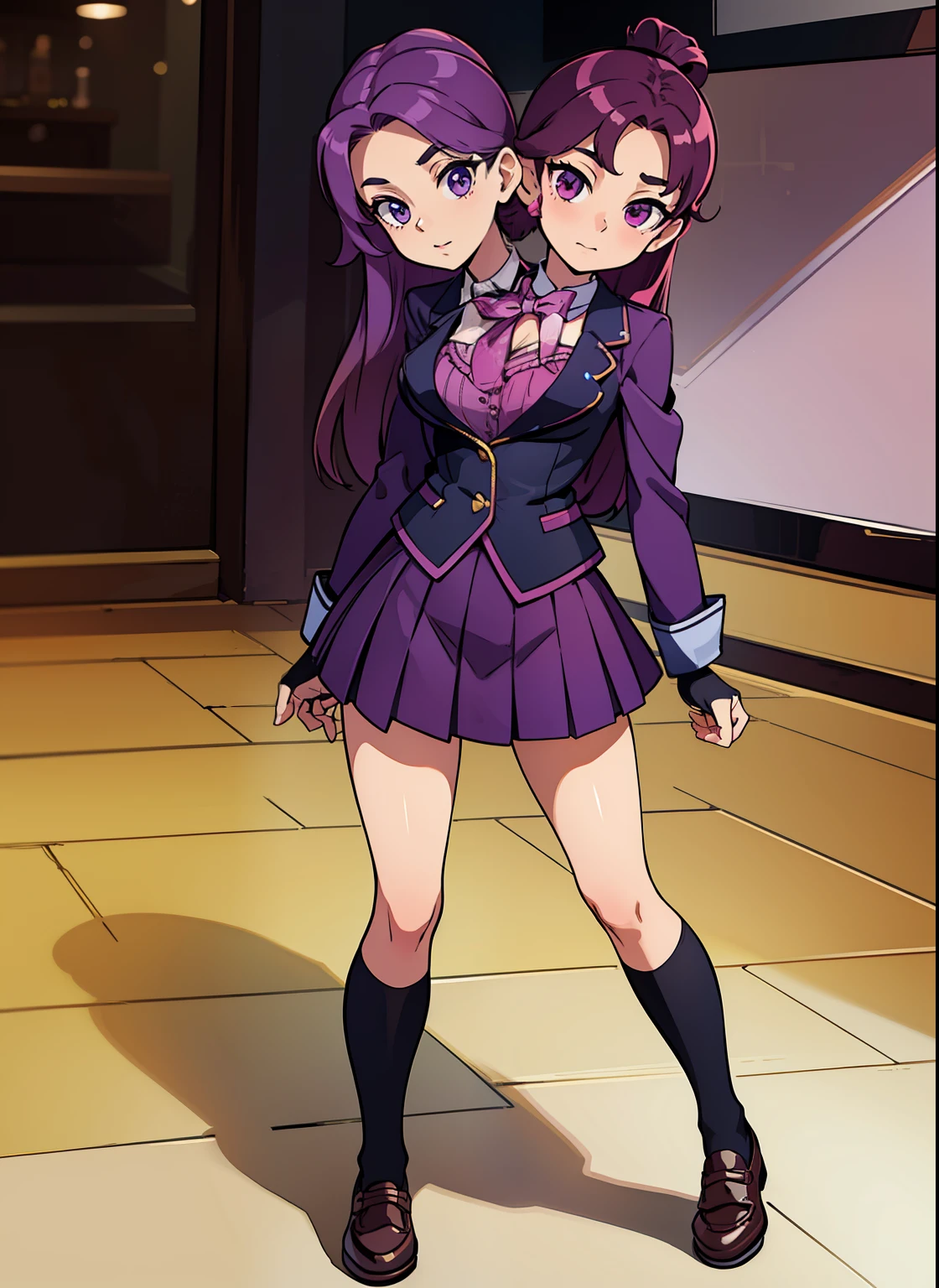 best quality, (masterpiece),(ultra-detailed), (high quality), (high resolution), (2heads:1.5), purple hair, brown hair, magenta blouse with a black jacket and a navy-blue mini skirt with pleats, fingerless black gloves, suede shoes, full body