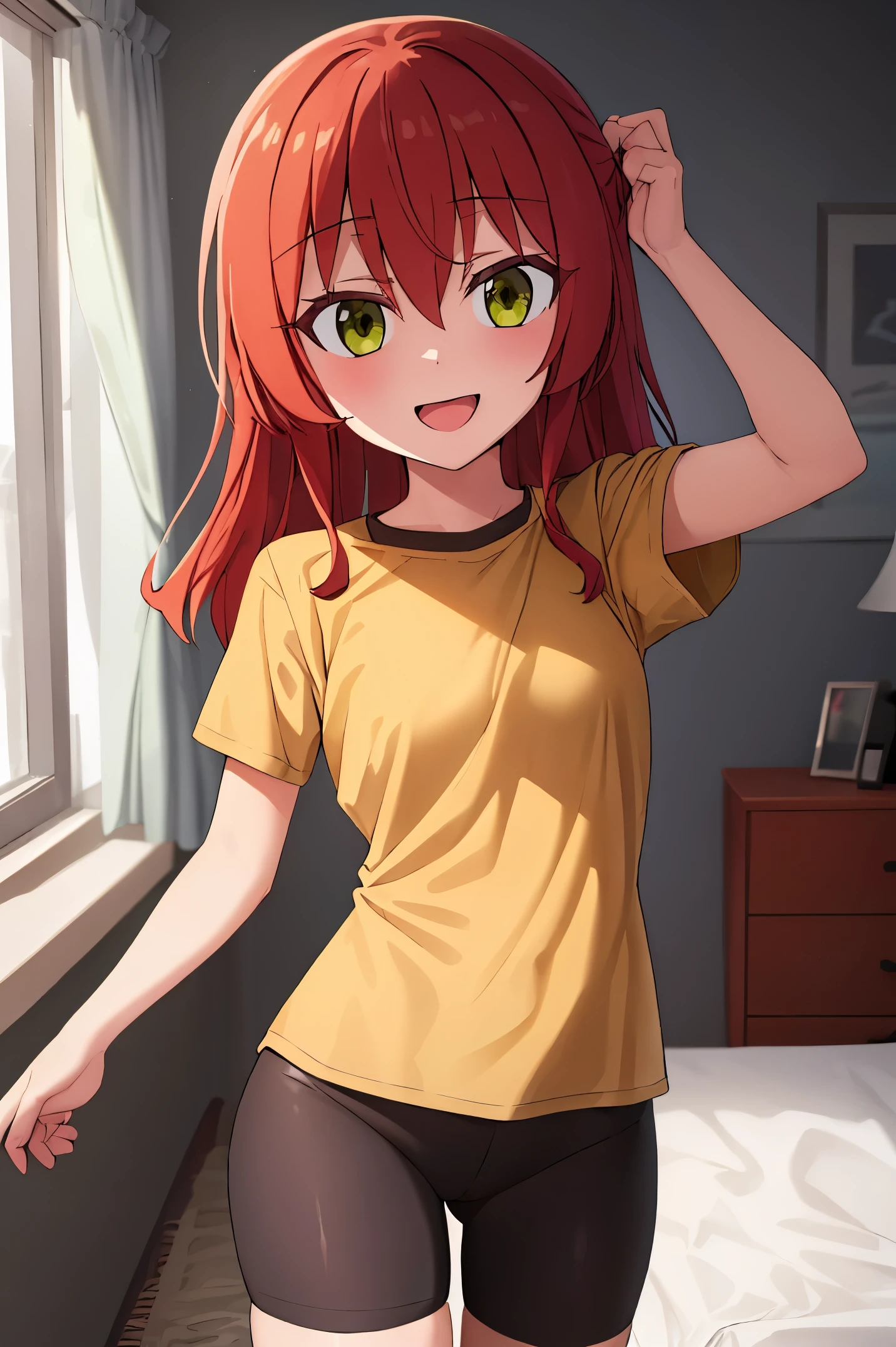 1 girl, best quality, ultra high res, long hair, red hair, green eyes, looking at viewers, small breast, standing, pov, slim body, loli body, small body, smile, open mouth, yellow shirt, short sleeves, bike shorts, bedroom, white bed sheets,
