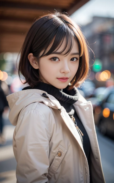 Cute 21 years old Japan、natta景、natta、A smile、Super Detail Face、Eye of Detail、二重まぶた、beautiful thin nose、foco nítido:1.2、prety woman:1.4、(light brown hair,short cut hair, White skin、top-quality、发光、​masterpiece、超A high resolution、(Photorealsitic:1.4)、colorful muffler、Warm coat、