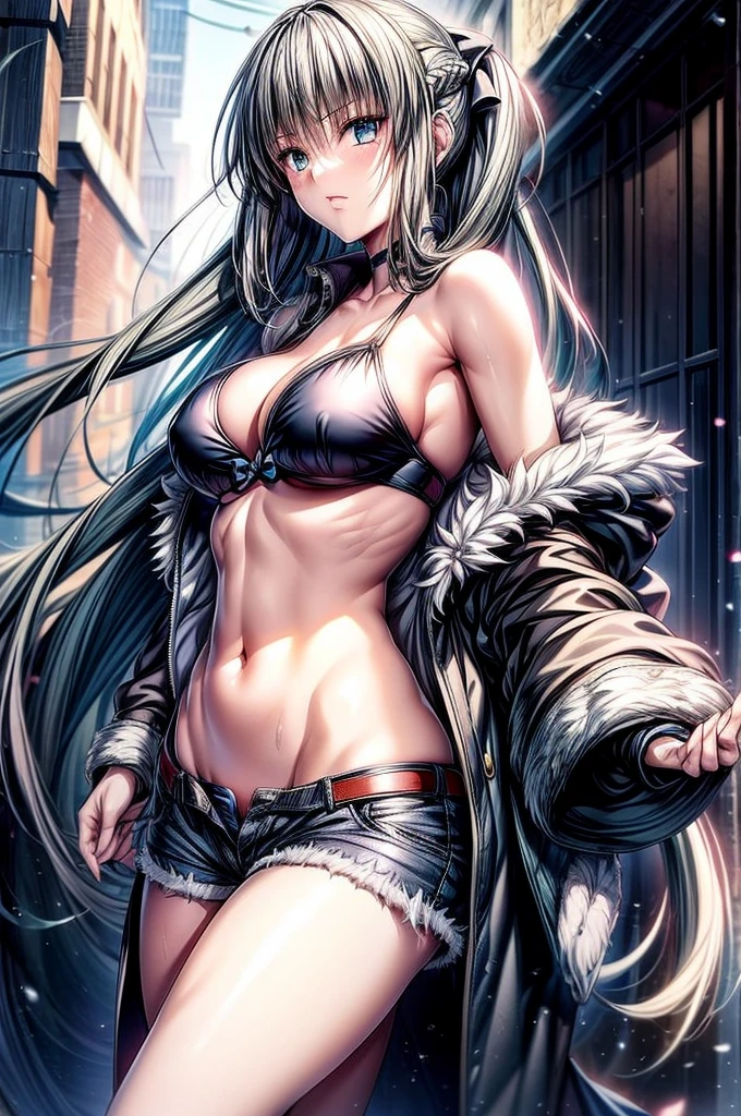 (Enrich the picture,Masterpiece level quality)Beautiful 8K CG artwork,1girl,solo,morgan le fay (fate),detailed face, perfect face, perfect eyes,blue eyes,Long Hair, pony tail,Very long hair, big boob, black bow,Hair Bow, thights,side locks, French braid, grey hair,chuckle,Slim and soft,big breasts,Black Bikini,denim short shorts,open shorts,oversized white fur coat,white coat,hands in pocket,combat boots,