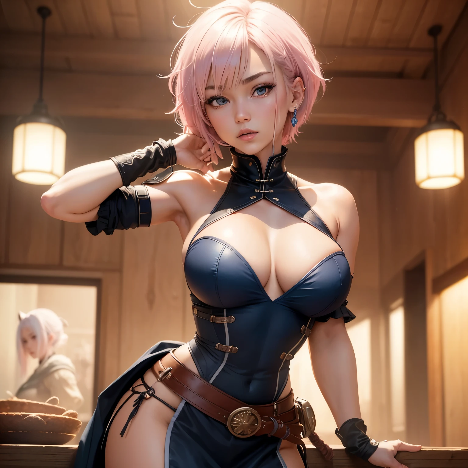 8k, masterpiece, best quality, realistic, higly detailed, cowboy shot, 1girl, solo, Ichika Nakano, very short hair that has a single long strand on the right side, white-pink hair, a single earring, dark blue eyes, average height, well-endowed figure, large breasts, cute, Mortal Kombat