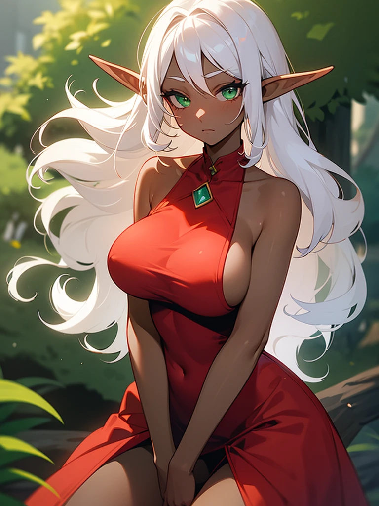 (((I want an elf woman with dark skin, curly white hair, detailed green eyes, majestic body and full breasts, Wearing a tight red dress, with a shy expression)))