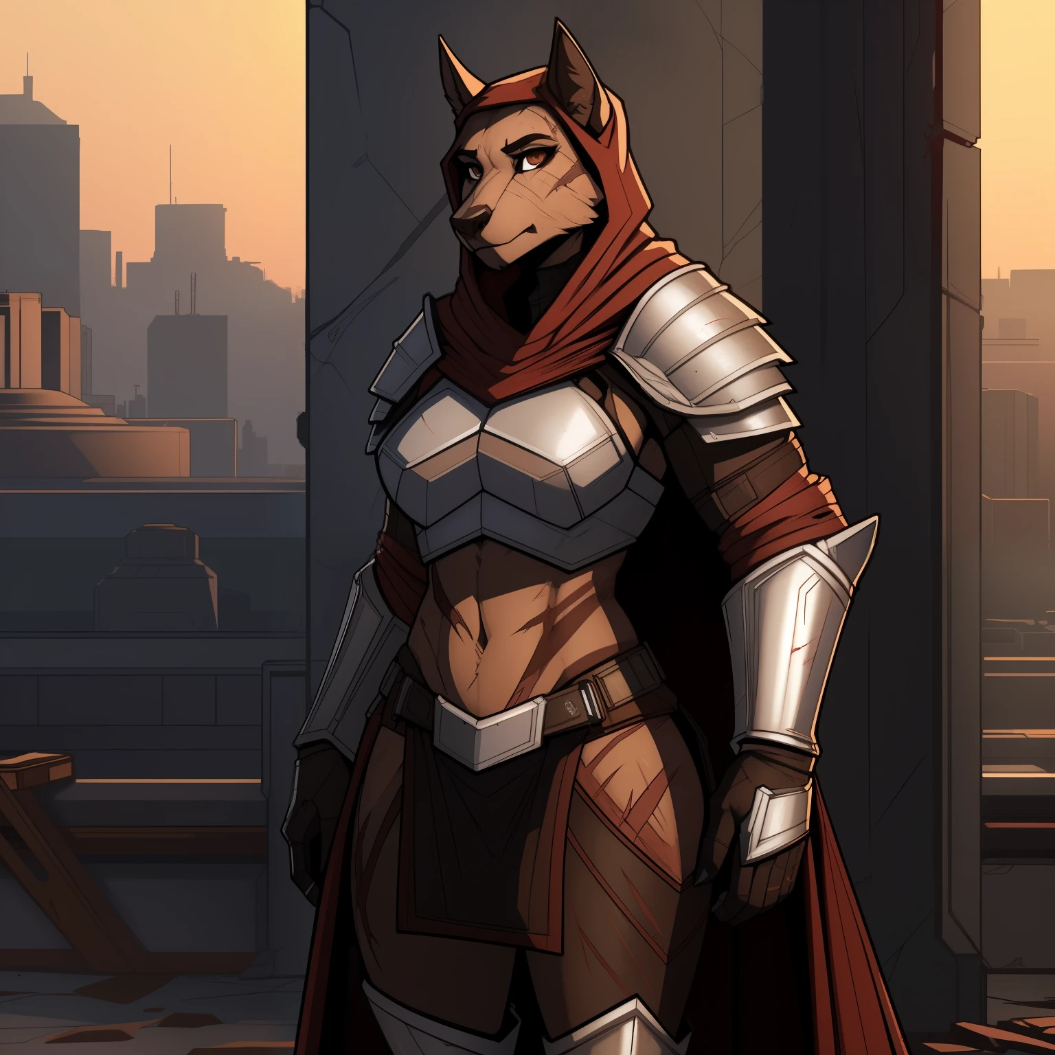 Tall_lanky_gnoll female brown_multitoned_furry_body brown_eyes very_fluffy scars steel_armor tattered_cloak solo Masterpiece best_quality absurdres highly_detailed cleanly_drawn_eyes anthro_only by_claweddrip, by_greasymojo, by_underscore-b, by_runawaystride