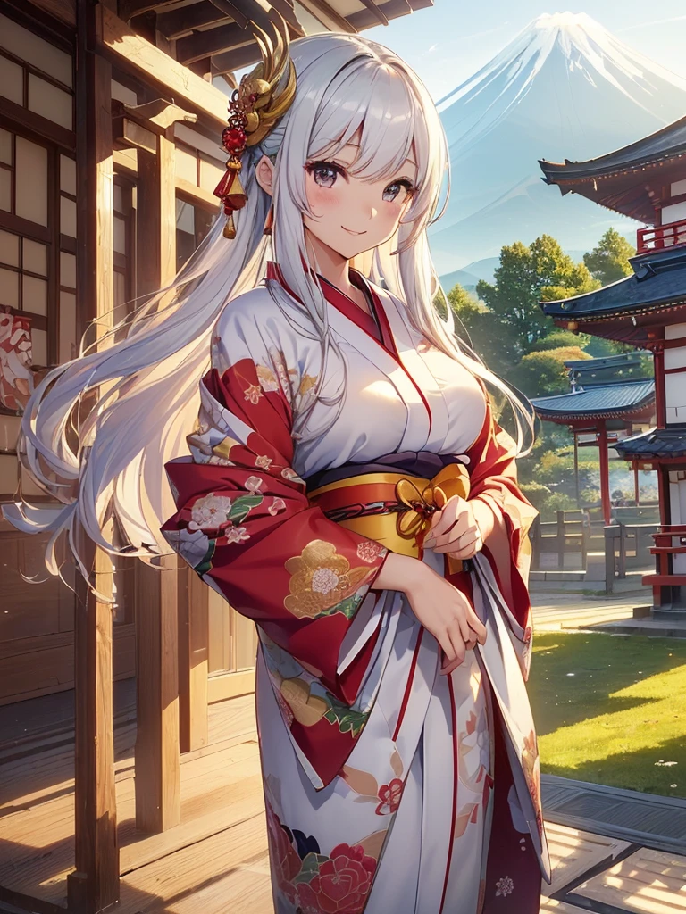 top-quality、Top image quality、Dagashi Teru Piece、Super beautiful Japanese beauty((24 year old、Japan kimono、Best Bust、big bast、Bust 90,beautiful long ironed hair、silber hair、White hair、Kanzashi、A slender、a closeup、Esbian、Beautiful Japan hair、Kanzashi、hiquality、Beautiful Art、morning、Superb Piece、visualart、depth of fields、low angles、、Happy smile、Gentle light、、Beautiful legs that are gentle on the skin、、、Number of fingers to achieve precise finger movements、ティッカー美しいornamented、elegent、Mystical、美しいornamented,Japan Kimono 1.3,、japanese art on behance、shenronの模様、神shenron、New Year、Happy New Year⛩、sunrises、morningの瞬間、cute shenron、shenron、formal clothes、handheld mini dragon 朝のsunrises、Beautiful sky、beautiful nature standing、Mt fuji、Shining Morning Sun、early morning、art noveau、japanese art on behance、gold foil、ornamented
