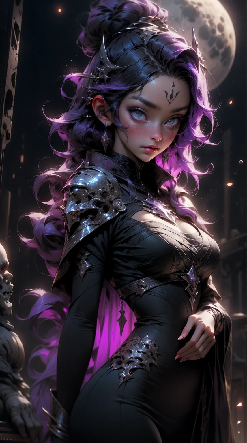 (Masterpiece - Ultra-Detailed, High Resolution) a woman, beautiful dark sorceress, with a moon marked on her forehead, (moon marked on her forehead) medium hair, purple hair, cordial dress, no nudity, large breasts, beautiful body, beautiful face, merciless