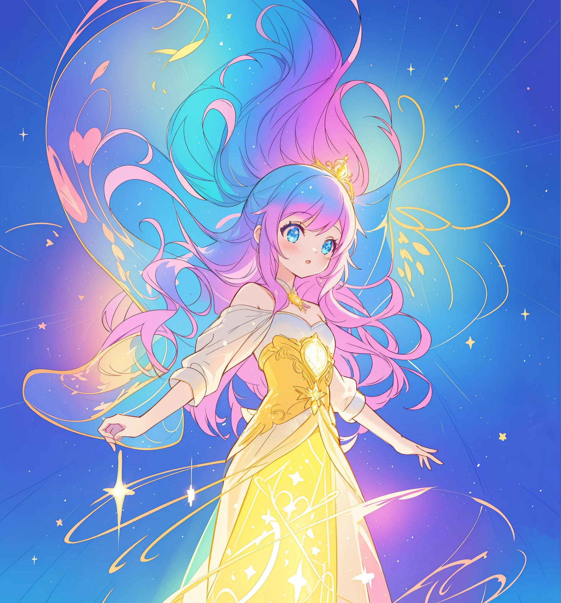 beautiful anime girl in colorful ballgown, vibrant pastel colors, (colorful), magical lights, sparkling liquid light, inspired by Glen Keane, inspired by Lois van Baarle, disney art style, by Lois van Baarle, glowing aura around her, by Glen Keane, jen bartel, fantasia background, whimsical, magical, fantasy, ((masterpiece, best quality)), intricate details, highly detailed, sharp focus, 8k resolution, liquid watercolor