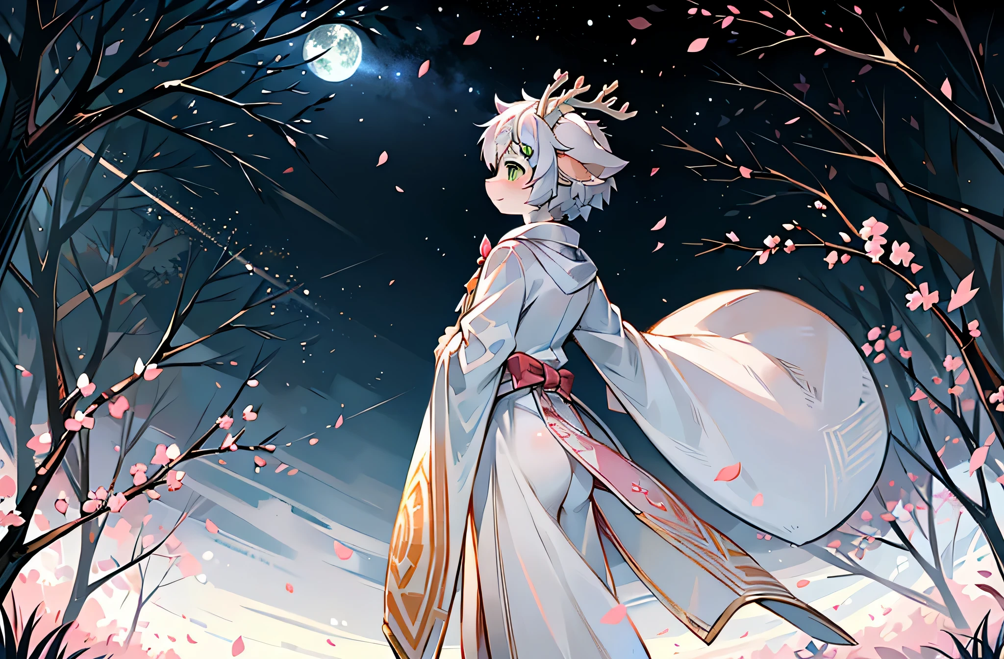 A white deer,standing in grassy field,moon full,Brilliant Milky Way,Many peach blossom trees,pink petals petals,Cute Shota,White robe,floating robe,Crystal pupils,Crystal pupils,Green-eyed,deer antlers,white color hair,back to look back,themoon,Green meadow,Dense trees,Looks pleased