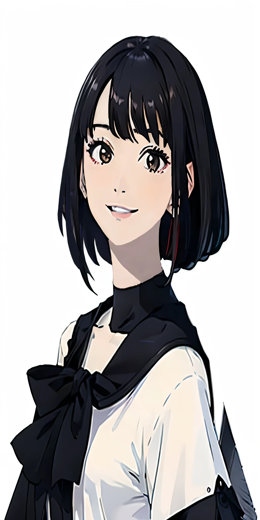 Anime girl with black hair, white shirt and black ribbon, sui ishida with black hair, anime portrait of shiina ringo, anime visual of a young woman, Kotegawa Yui, Hinata Hyuga, portrait of lain iwakura, a female anime character, portrait of mayuri shiina, black hime-cut hair, Anime visuals of cute girls