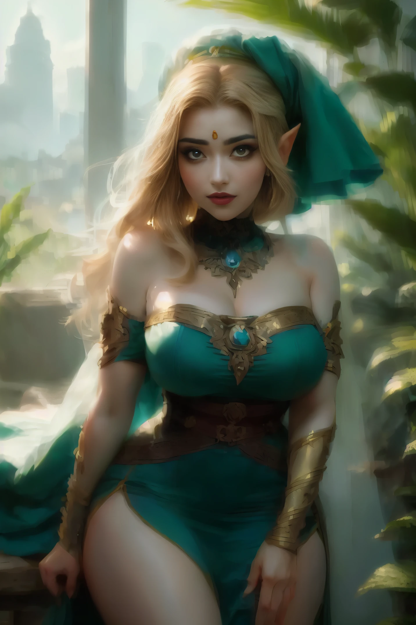 "An extraordinary masterpiece, showcasing the best quality, featuring a captivating female character from The Legend of Zelda series. She stands alone, adorned in her iconic tunic and hat. The shot is taken from a unique angle, looking down, emphasizing her ample bosom and enchanting decolletage."