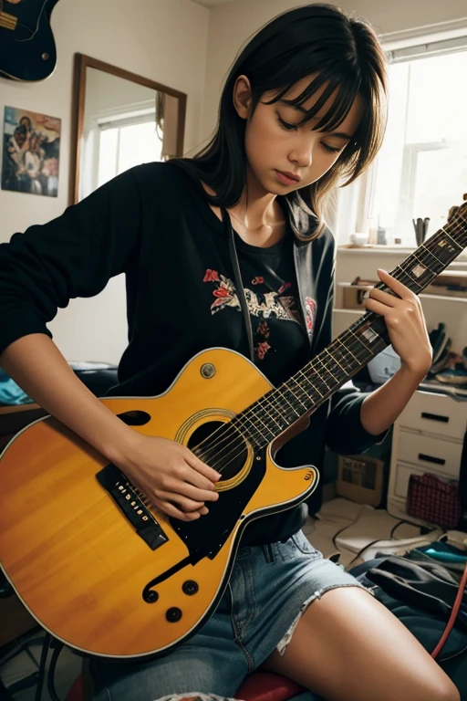 1 woman, solo, in messy room, guitar,