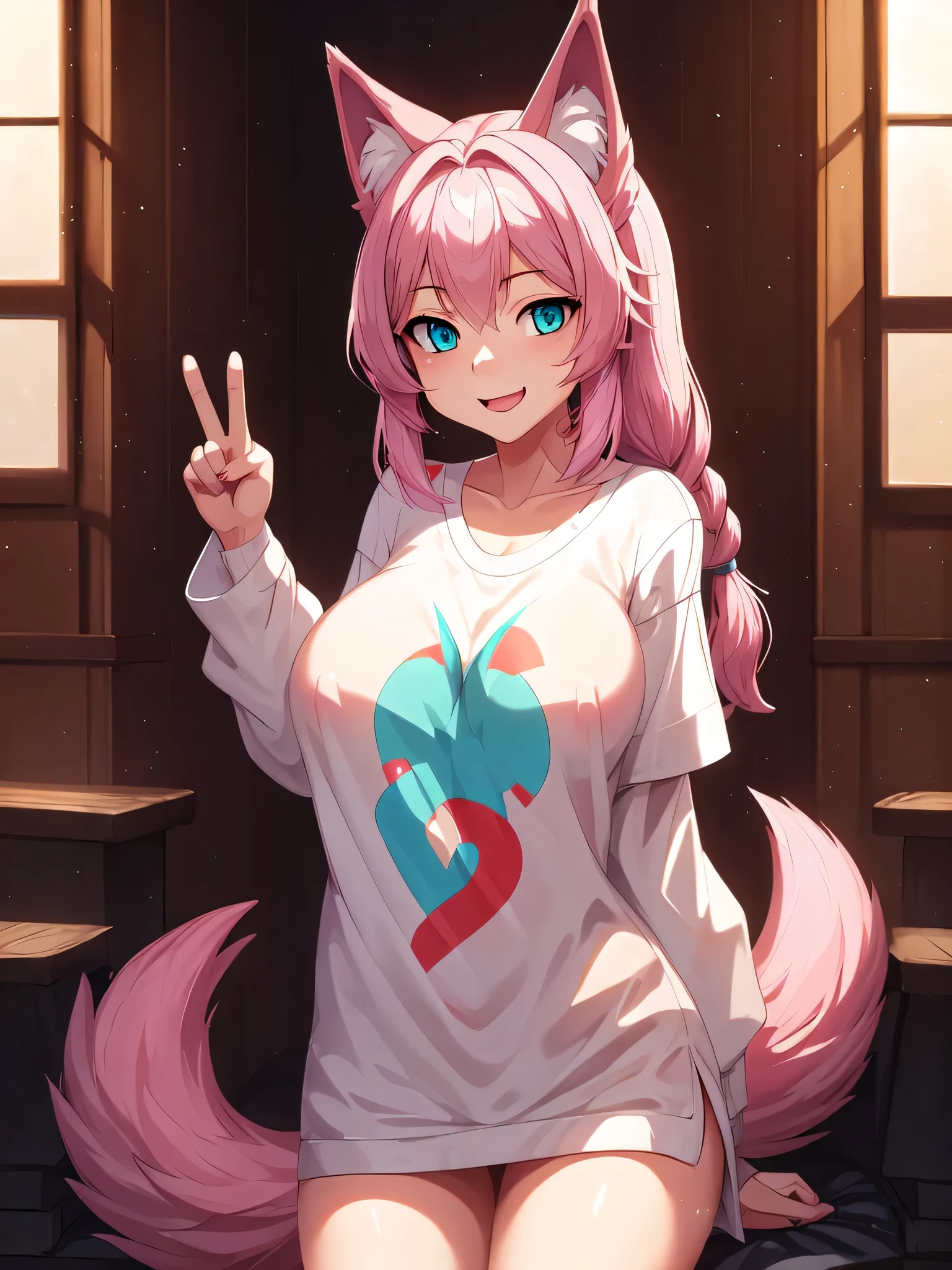 (Masterpiece) (High Detail) (High Res) a short petite humanoid girl with pale human skin, bright turquoise-coloured eyes, long pink hair in a braid and large fluffy pink dog ears and a big fluffy pink dog tail and average breasts wearing just a baggy oversized white t-shirt and holding up a peace sign to the viewer, and poking out her tongue. Pink Hair. Pink Tail.
