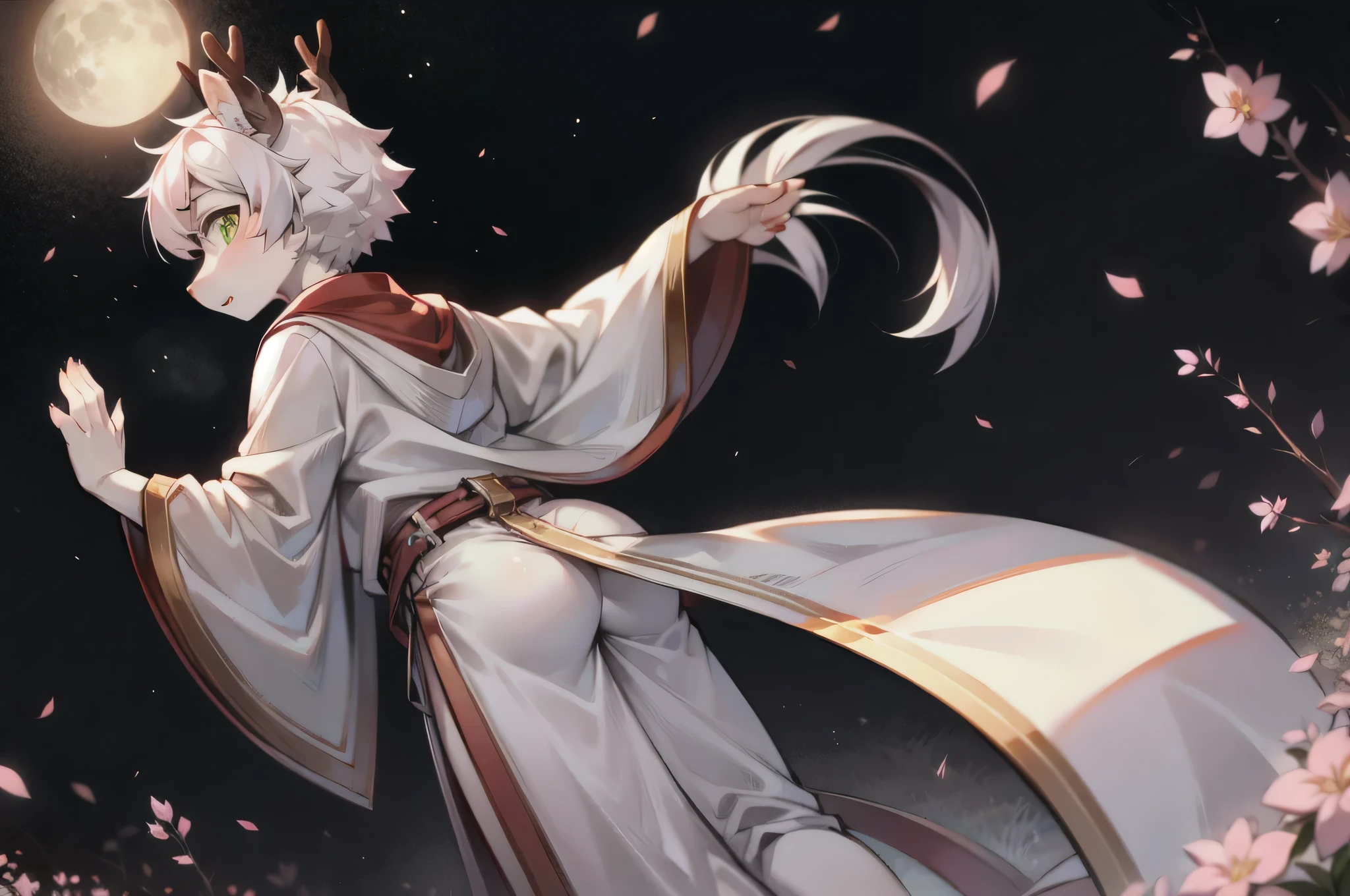 A white deer,standing in grassy field,moon full,Brilliant Milky Way,Peach blossom tree,pink petals petals,Cute Shota,White robe,floating robe,Crystal pupils,Crystal pupils,Green-eyed,deer antlers,white color hair,back to look back,themoon