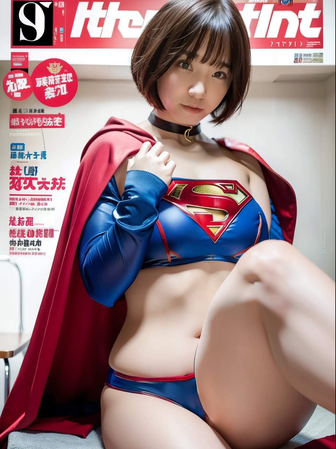 masterpiece、Sitting on the examination table、Short-haired Supergirl showing off the soles of her feet to the camera、Looking at the camera、a choker、bare-legged、Weekly magazine cover、Cheerful pose、a miniskirt、Enamel costume、Large open legs、Colossal tits、Plump、long-sleeve、waving red cloak