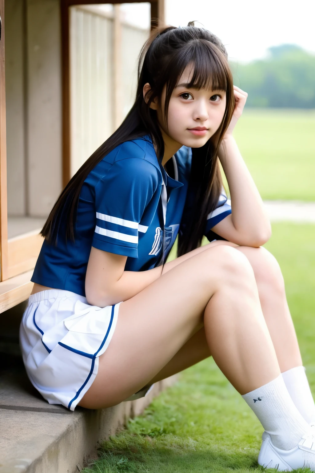 ((Best Quality)), ((masutepiece)), 18 year old real Japanese beautiful girl、poneyTail、beautiful thigh、Taking a break with sports sitting、Summer uniform、Inter-strands