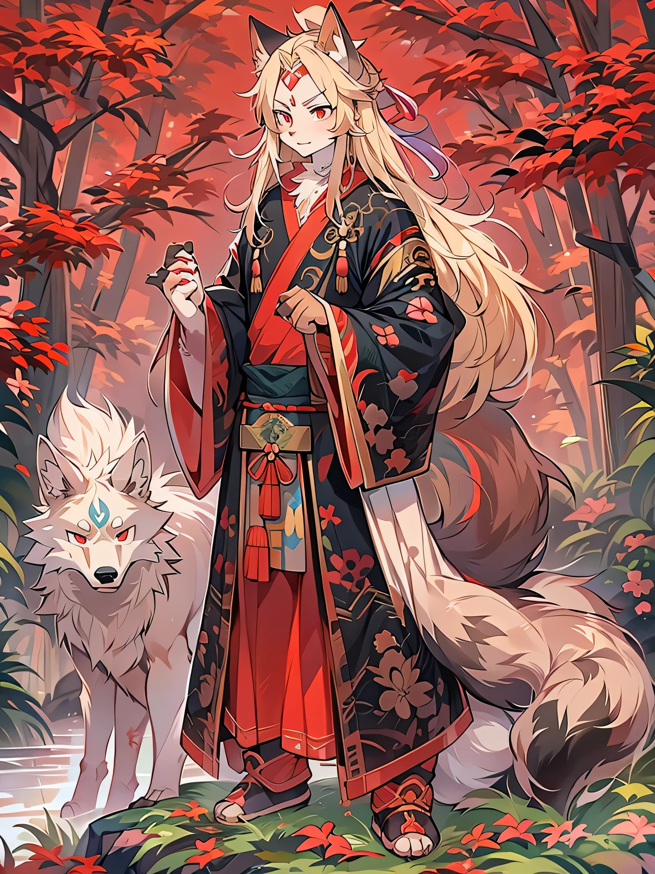 The male wolf is 160 cm tall, red eyes, , Long blonde hair, end, perfect body figure,Red and black Ming Dynasty brocade clothing,very serious look,Two small ears, standing in forest