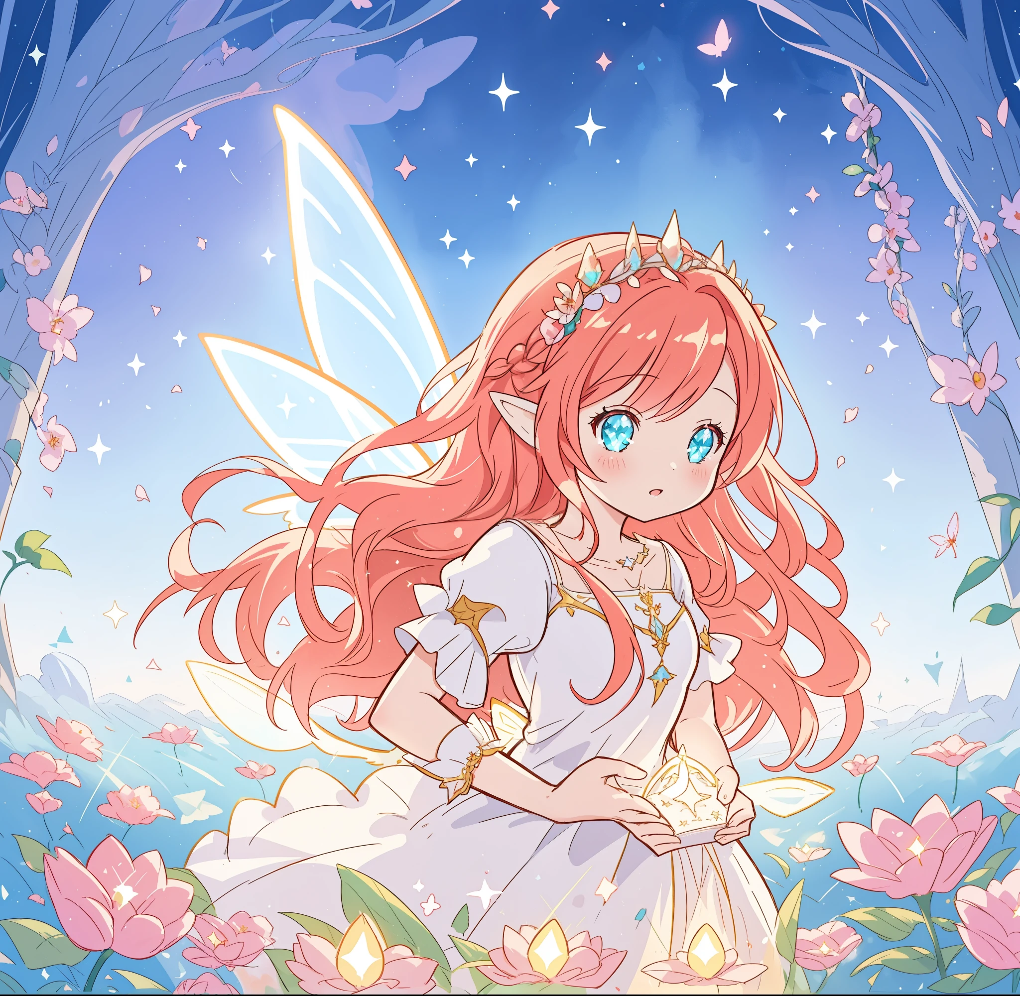 beautiful fairy girl in flowing white dress, fairy dress, fairy queen, (glowing fairy wings), long red hair, ((sparkling fairy wings)), watercolor illustration, inspired by Glen Keane, inspired by Lois van Baarle, disney art style, by Lois van Baarle, glowing aura around her, by Glen Keane, jen bartel, glowing lights! digital painting, flowing glowing hair, glowing flowing hair, beautiful digital illustration, fantasia otherworldly landscape plants flowers, beautiful, masterpiece, best quality, anime disney style