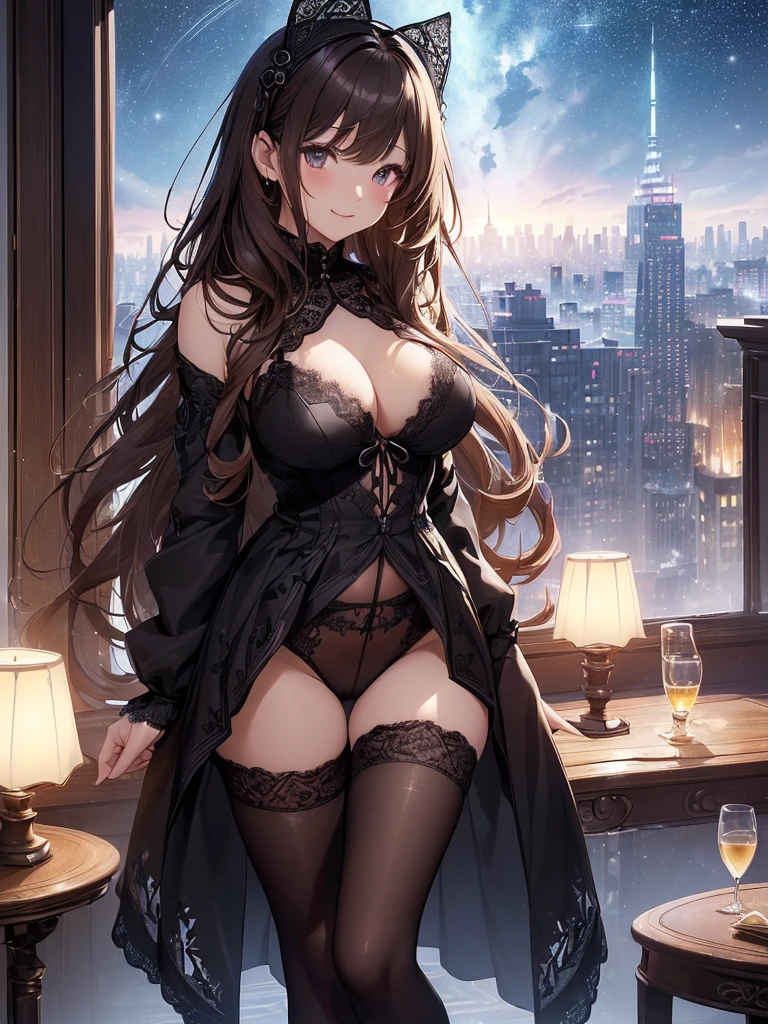 top-quality、Top image quality、masterpiece、Angle seen from the side、Beautiful Gothic woman((20yr old、Best Bust、big bast、Bust 90,Beautiful long hair、A slender、a closeup、Esbian、Beautiful underwear、hiquality、Beautiful Art、Luxury hotel in the city、masutepiece、visualart、depth of fields、、、🎵、Happy smile、、、Beautiful legs that are gentle on the skin、、Number of fingers to achieve precise finger movements、nffsw、nffsw、Kime Pose!Brown hair、、her clothes are black underwear、Fine embroidery、Beautiful pattern、Racing、Feet in black stockings、How about?seductiv、Spread the legitimate starry sky out to the window、beautiful night scene、Sexy mood、Sexy Night.nffsw、Skin-tight sexy leggings and black stockings、Standing in front of the night view of the city covered entirely in glass、nsforgeous body stockings:1.3), (intricate lace:1.4), (Watch thoroughly:1.5),Looks three-dimensional when lit up、Skin Texture、Erotic
