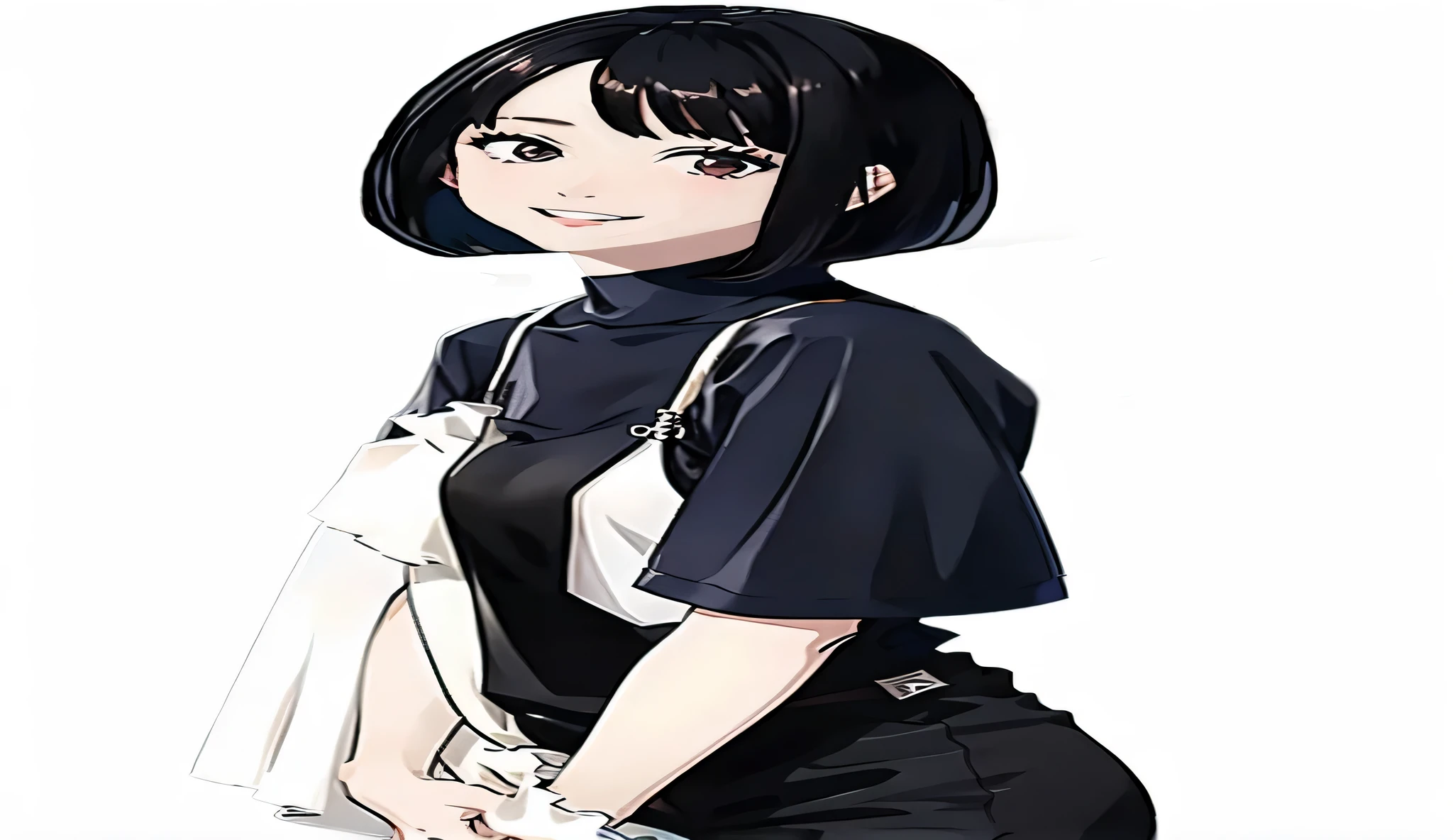 anime Girl with black hair and a white apron holding a white bag, Hinata Hyuga, sui ishida with black hair, Kotegawa Yui, female Anime Character, Anime Character, anime visual of a young woman, Anime visuals of cute girls, Official art, anime style character, Girl with black hair, anime girl wearing a black dress