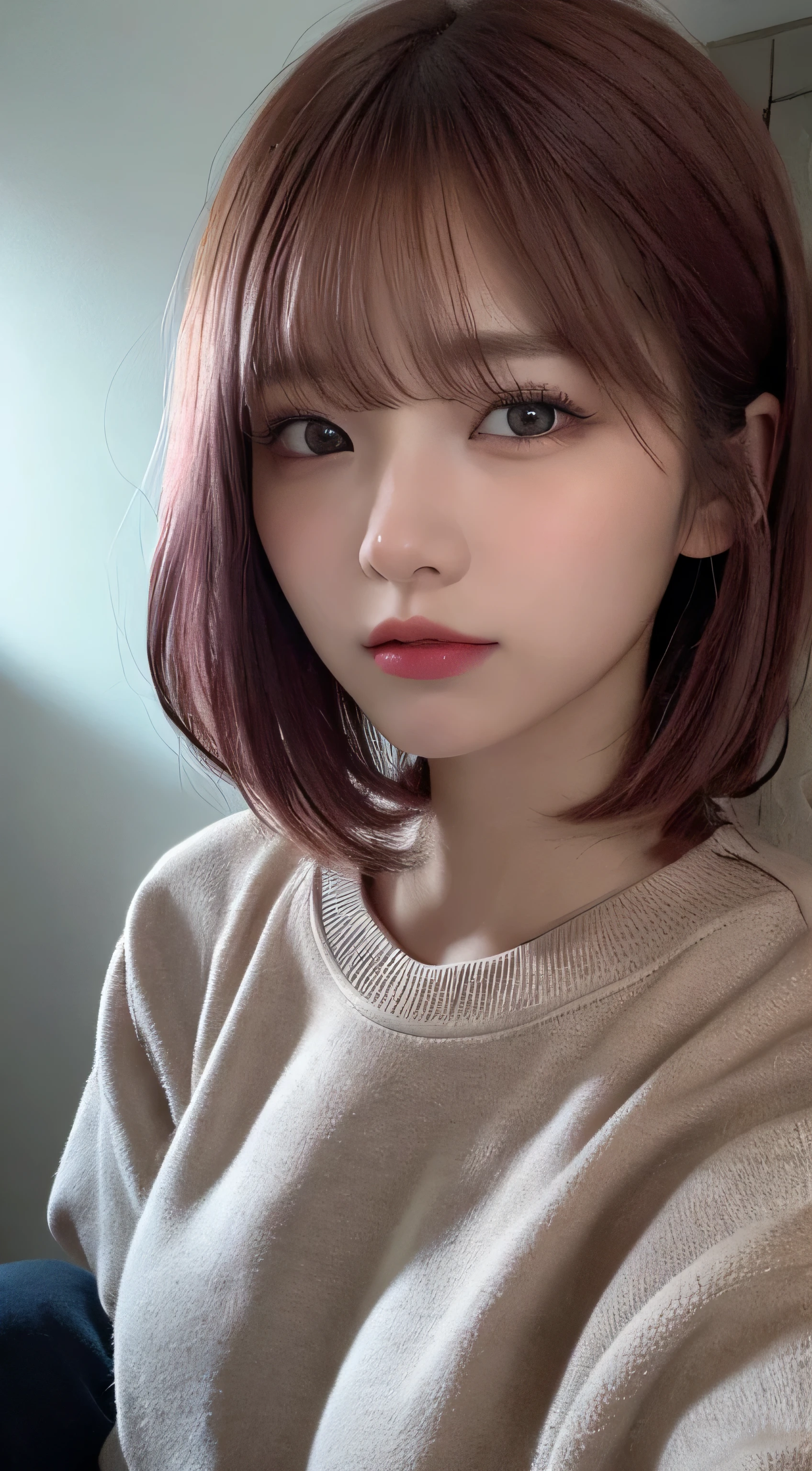 masutepiece, Best Quality, Illustration, Ultra-detailed, finely detail, hight resolution, 8K,Wallpaper, Perfect dynamic composition, Beautiful detailed eyes, White long sleeve trainer,Short bob hair、Pink hair color,Big Natural Color Lip, Bold sexy poses,Thin laughter、cold stare,Harajuku、20 years girl、Cute、、In a dark room、Eyes closed、Depressed