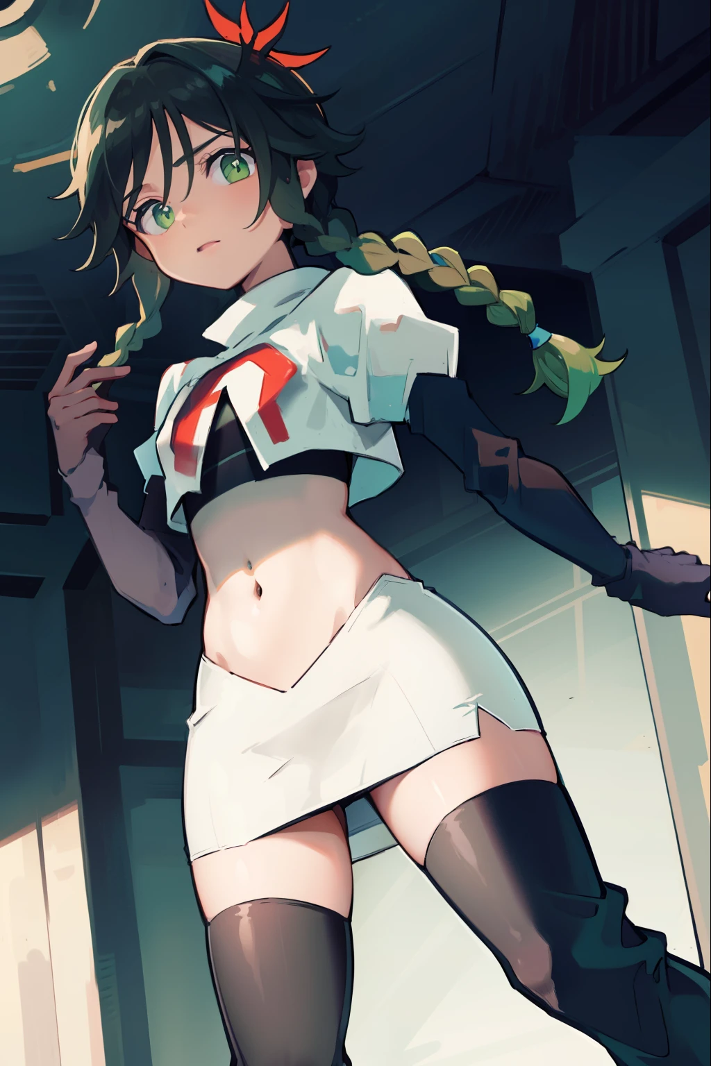 absurdres,venti,1boy, male focus, trap,black hair, green hair, hair braid,aqua green eyes,crossdressing,1boy,team rocket,team rocket uniform,white skirt,red letter R,crop top,black thigh-high boots,black elbow gloves,