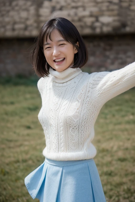 ((best quality)), ((masterpiece)), (detailed), Puffy nipple, Asian mature 50 years-old Female, short black hair, (in school class room) (White sea through Turtleneck Knit)Realistic, wide wide shot, ( hand sign), verbal invitation, with her mouth open, (Just enough to make ends meet), embarrassed smile face、((((the wind blew my skirt, expose my panties...))))、(Light blue lace panties)、