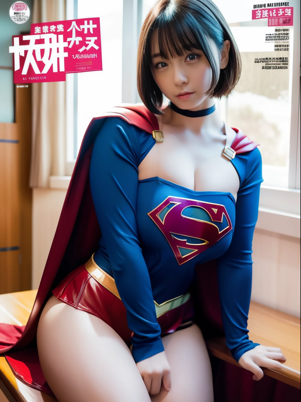 ​masterpiece、Sitting on the examination table、Short-haired supergirl showing off her legs for the camera、Looking at the camera、a choker、bare-legged、Weekly magazine cover、Cheerful pose、a miniskirt、Enamel costume、Large open legs、Colossal tits、Plump、long-sleeve、waving red cloak