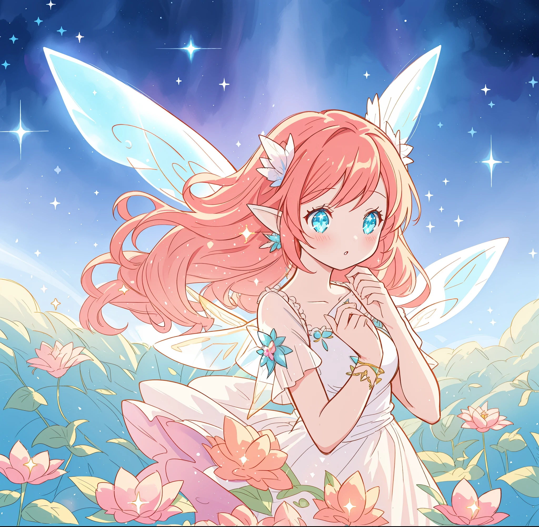 beautiful fairy girl in flowing white dress, fairy dress, fairy queen, (glowing fairy wings), long red hair, ((sparkling fairy wings)), watercolor illustration, inspired by Glen Keane, inspired by Lois van Baarle, disney art style, by Lois van Baarle, glowing aura around her, by Glen Keane, jen bartel, glowing lights! digital painting, flowing glowing hair, glowing flowing hair, beautiful digital illustration, fantasia otherworldly landscape plants flowers, beautiful, masterpiece, best quality, anime disney style