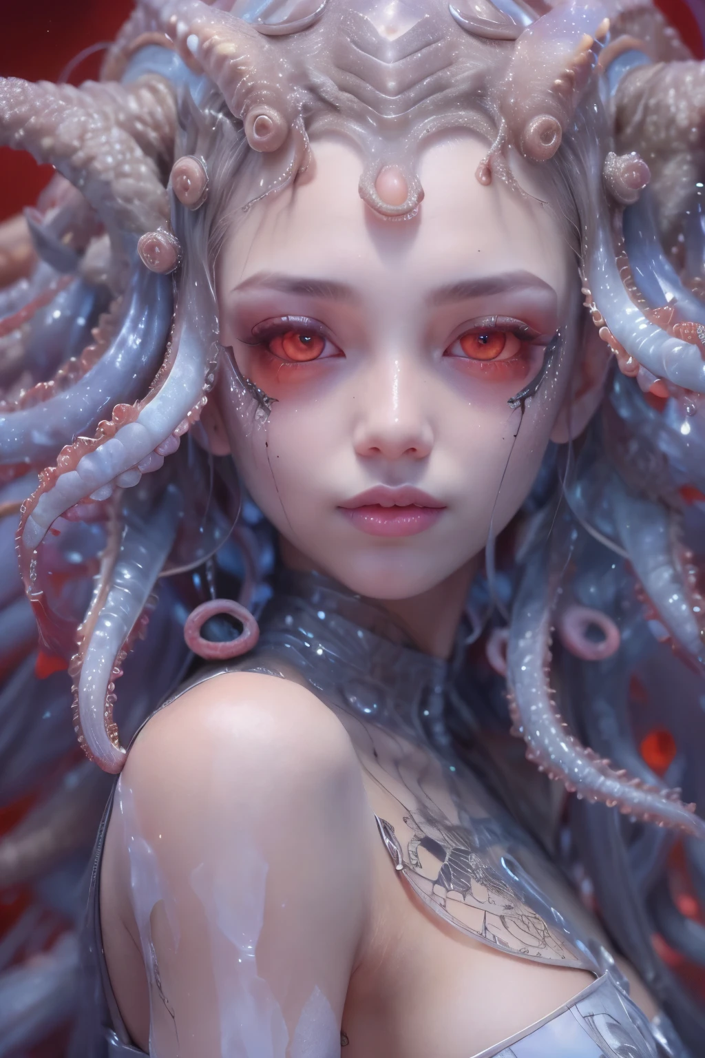 Portrait, (beautiful female alien:1.2),  (she has red eyes with no pupils:1.8), (Translucent skin:1.7),  (There is a female genital-like organ in the middle of the forehead:1.9), (The most beautiful face in the history of the universe:1.2),an evil gaze that seduces, (large mouth:1.1), (sharp teeth like a vampire:1.2), Full body like, (bio luminescent:1.5), (Smile wickedly:1.3),  (sexypose:1.5), alien, No humans, cells are fused, (Lots of translucent tentacles:1.3) extraterrestrial, cell, bio image, Best Quality, 8K,4K_quality, High Definition, Dramatic Lighting, masutepiece:1.5,cinematic quality, detail up, (Intricate details:1.2), High resolution, High Definition, drawing faithfully, (Thick eyebrows:1.2), Beautiful eyes with fine symmetry,(Highly detailed face and eyes:1.2), Intimate face, (Super detailed skin quality feeling:1.4), Perfect Anatomy,  (Beautiful toned body:1.5),  (Moist skin:1.2), No makeup, (dark circles:1.1), long canines, cinematic drawing of characters, ultra high quality model, cinematic quality, detail up, (Intricate details:1.2), High resolution, High Definition, drawing faithfully, Official art, Unity 8K wall  , 8K Portrait, Best Quality, Very High resolution, ultra detailed artistic photography, midnight aura,  unreal enginee 5, Ultra Sharp Focus, art by alberto seveso, ArtGerm, Roisch, intricate artwork, best quality, masutepiece, ultra High resolution, (photos realistic:1.4), Ultra-realistic realism, dream-like,  nautilus, Creation of fantasy, Snail, Dream Snail,  biopunk nautilus, Thrilling color schemes， Ultra-realistic realism， seductively smiling, Blue tentacles,