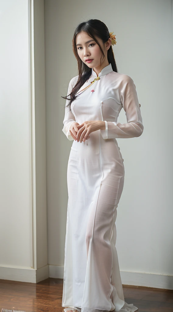 (((traditional Vietnamese costume))), ((Ao Dai, Vietnam)), (((Clear White)), ((No underwear.))), ((wet clothes)), Clothes stuck to people, ((The clothes are very thin, the breasts are beautiful., masterpiece, bestquality, Super Detailed, Very detailed illustrations, Very detailed, intricate detailed, high-res, intricate detailedสุด ๆ, Very detailed 8k cg wallpaper, raw, caustics, reflections, ray tracing, nebula, dark halos, network effects, (1girls:1.1),bara, ((Very beautiful face.)), ((Very detailed face)), ((Cheerful face)), (((Full body)))