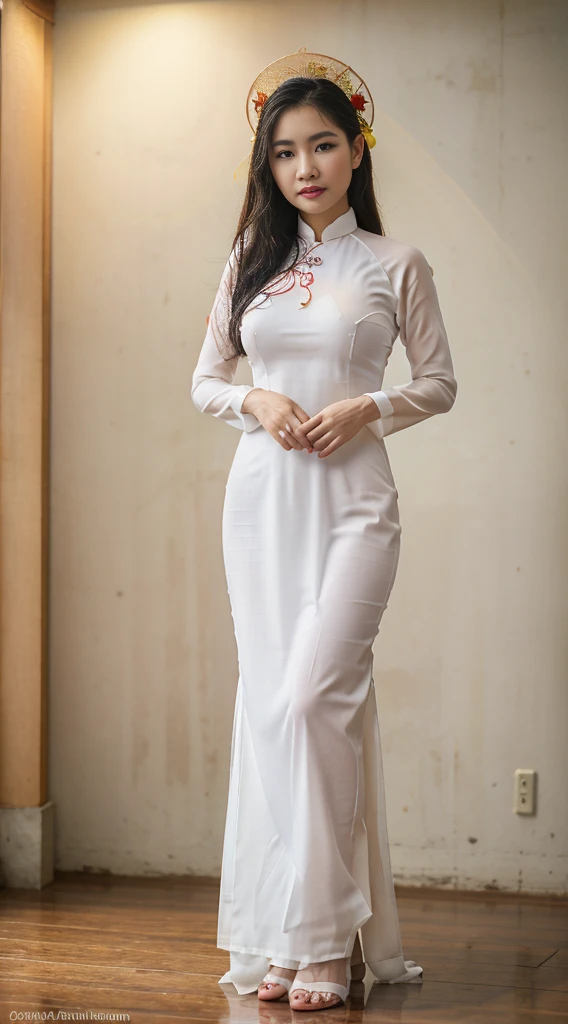 (((traditional Vietnamese costume))), ((Ao Dai, Vietnam)), (((Clear White)), ((No underwear.))), ((wet clothes)), Clothes stuck to people, ((The clothes are very thin, the breasts are beautiful., masterpiece, bestquality, Super Detailed, Very detailed illustrations, Very detailed, intricate detailed, high-res, intricate detailedสุด ๆ, Very detailed 8k cg wallpaper, raw, caustics, reflections, ray tracing, nebula, dark halos, network effects, (1girls:1.1),bara, ((Very beautiful face.)), ((Very detailed face)), ((Cheerful face)), (((Full body)))