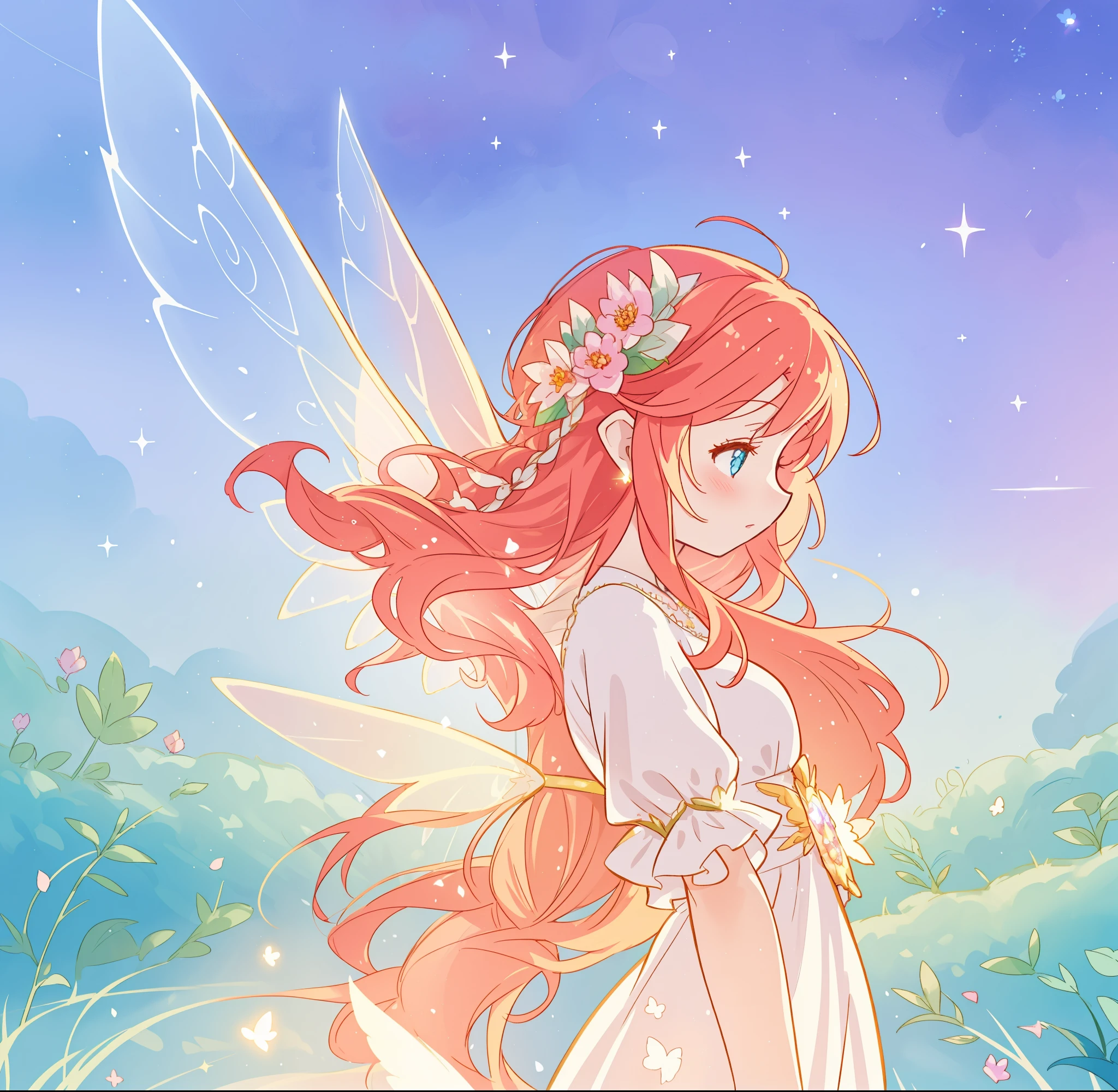 beautiful fairy girl in flowing white dress, fairy dress, fairy queen, (glowing fairy wings), long red hair, sparkling fairy wings, watercolor illustration, inspired by Glen Keane, inspired by Lois van Baarle, disney art style, by Lois van Baarle, glowing aura around her, by Glen Keane, jen bartel, glowing lights! digital painting, flowing glowing hair, glowing flowing hair, beautiful digital illustration, fantasia otherworldly landscape plants flowers, beautiful, masterpiece, best quality, anime disney style