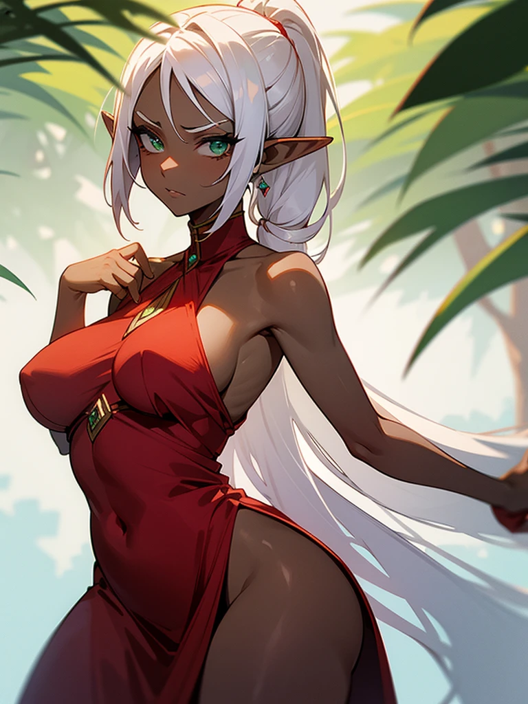 (((I want an elf woman with dark skin, With your white hair tied up, detailed green eyes, majestic body and full breasts, Wearing a sexy red dress, with a shy expression)))