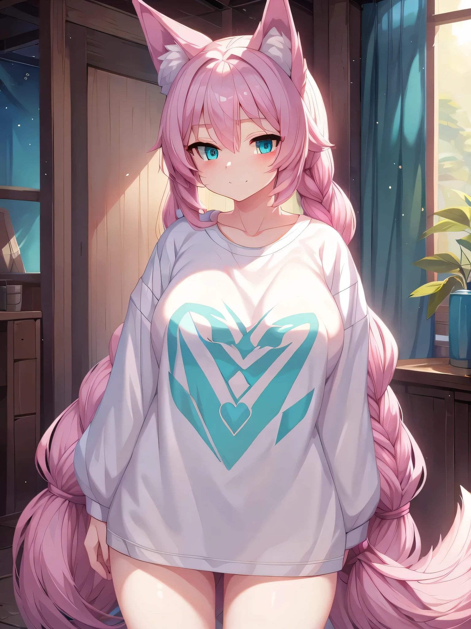 masterpiece, highly detailed, (1girl), white-pink hair, pastel colors, cozy atmosphere, natural lighting, waist high leggings, oversized T-shirt, 16 year old teenager, soft facial features, short height(150cm), short-stack body type, hip-level shot, plump yet fit body type