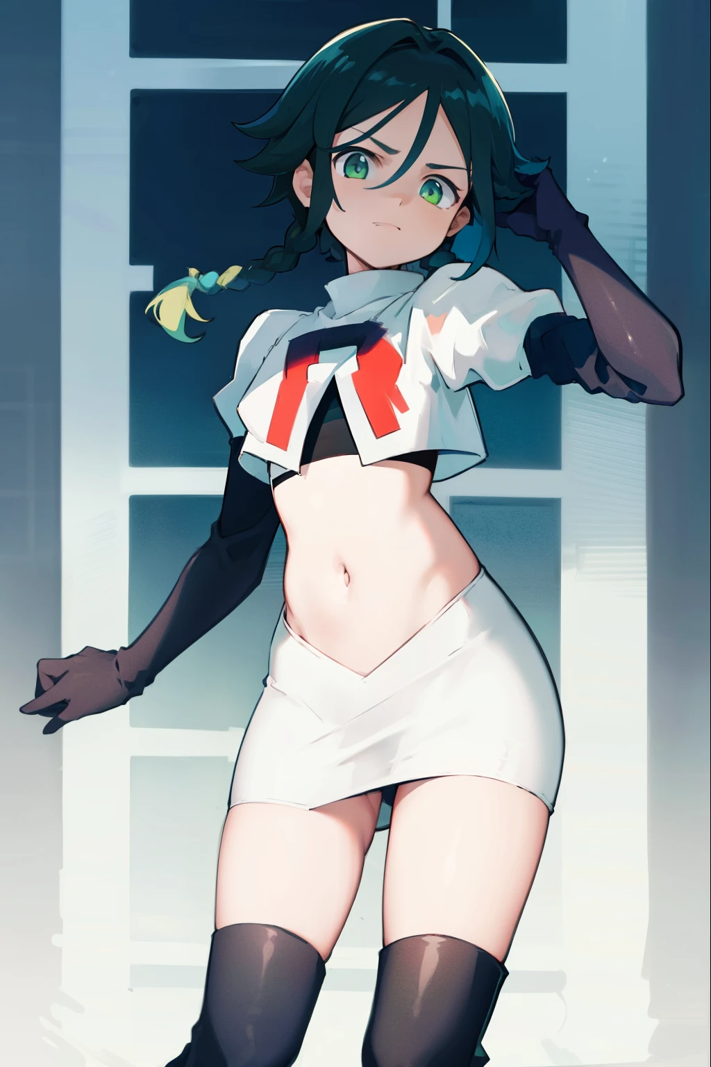 absurdres,venti,1boy, male focus, trap,black hair, green-blue hair, hair braid,aqua green eyes,crossdressing,1boy,team rocket,team rocket uniform,white skirt,red letter R,crop top,black thigh-high boots,black elbow gloves,
