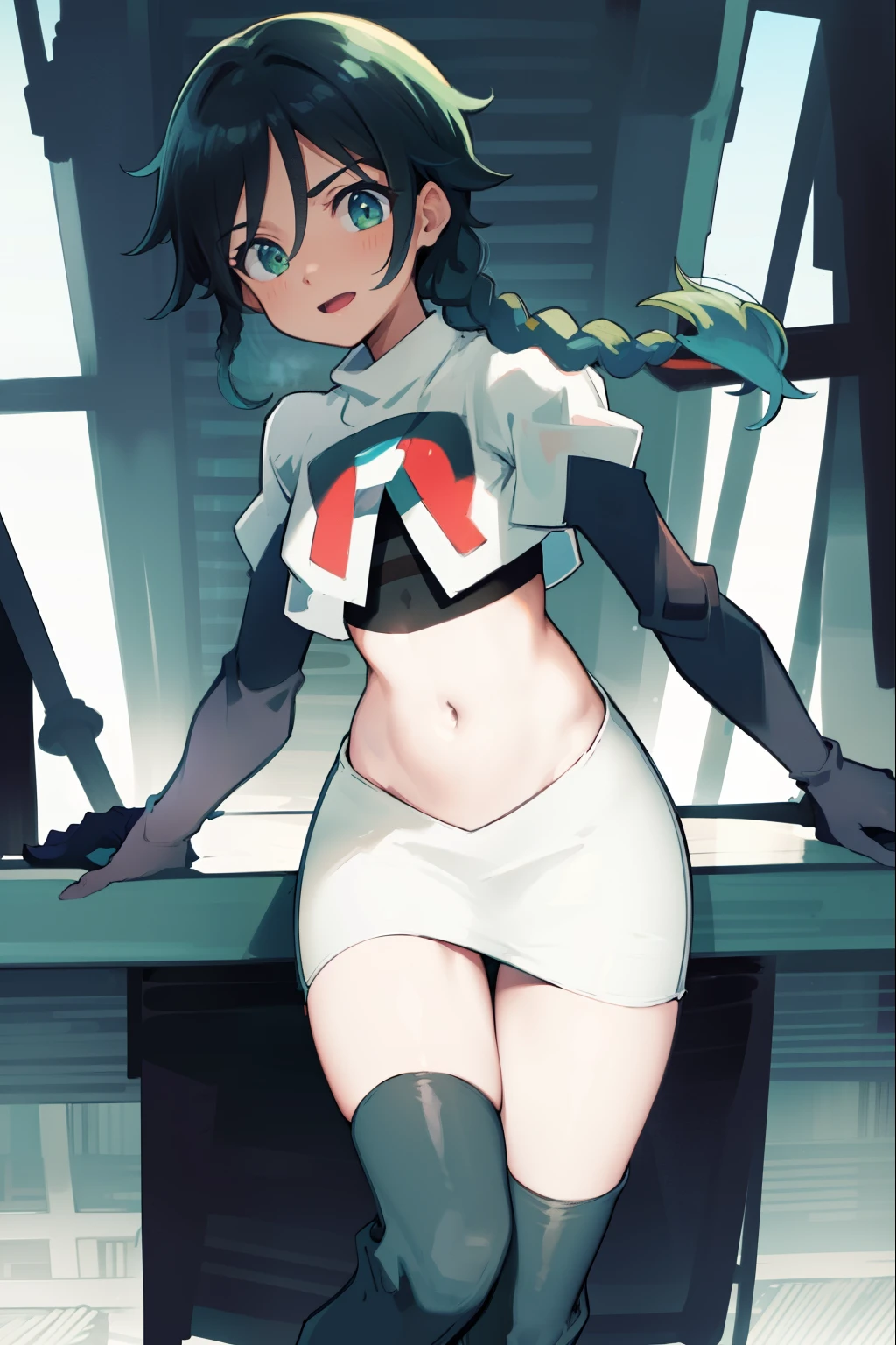 absurdres,venti,1boy, male focus, trap,black hair, green-blue hair, hair braid,aqua green eyes,crossdressing,1boy,team rocket,team rocket uniform,white skirt,red letter R,crop top,black thigh-high boots,black elbow gloves,