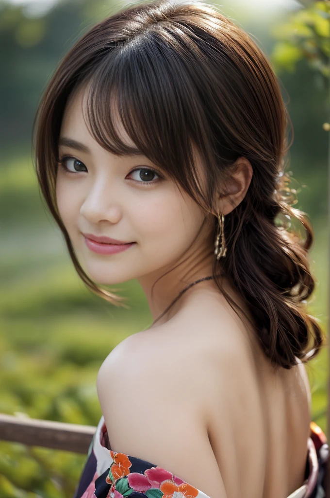(Photoreal Stick:1.5, masutepiece:1.5, RAW shooting, 8K), (top-quality, ​masterpiece, 超A high resolution), morning, ((Shoot with blur:1.7)), (fog the lens:1.6), (reflect light onto the lens:1.7), ((sunrises, Sunlight coming in from behind:1.7, morning日の陽光が画面いっぱいに広がる:1.7)), ((morning日の陽光が女性を照らす:1.8)), ((画面全体がmorning日の陽光のせいで白く霞んで見える:1.8)), ((女性はmorning日の陽光でぼんやりして見える:1.9)), Face Sharp Focus:1.3, Professional camera work:1.3, Highly detailed skin and facial texture:1.3, Grow Light Effect, The ultra-detailliert:1.3, 1girl in, Fair skin, (Sense of clarity:1.4, a small face, Extremely beautiful face:1.5), (Sense of clarityを感じる目:0.9, looking distantly), A smile:1.0, i love you completely:0.8, (Slightly open mouth:0.4, Sense of clarityを感じる口当たり:0.7), 二重まぶた, Dark brown medium hair, necklace and earrings, (japanese kimono, off shoulders)