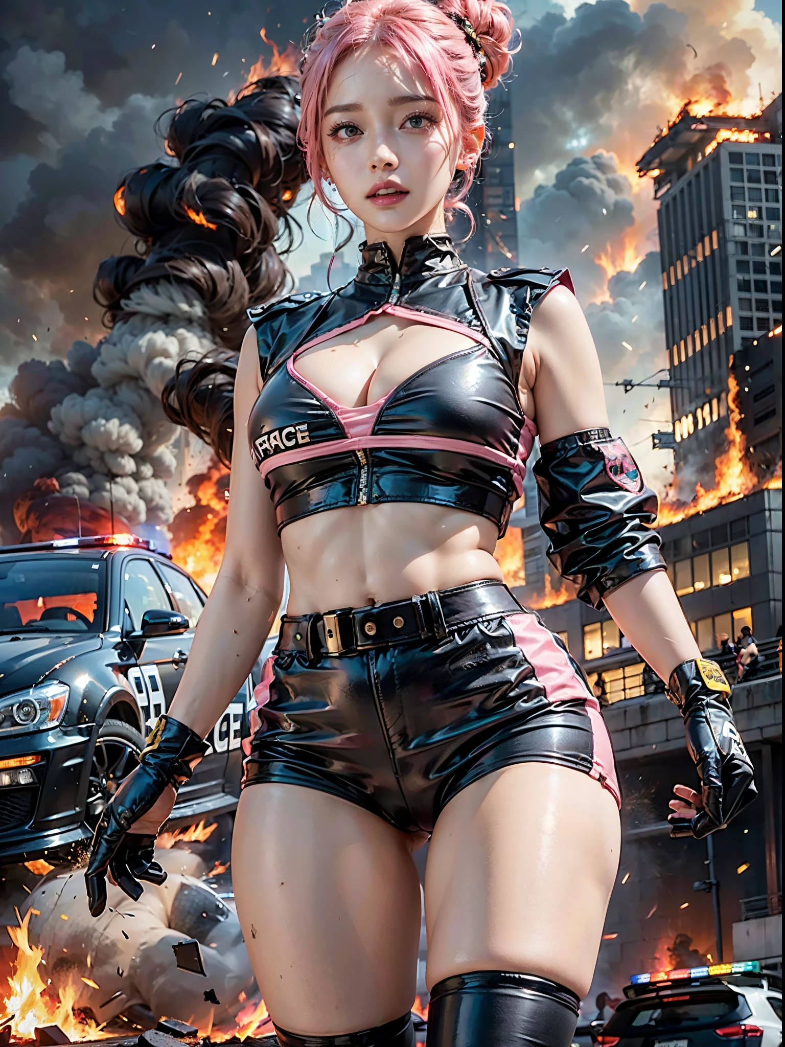 Top Quality, Ultra High Definition, (backlight), (Photorealistic: 1.4), ((Walking)), (Pink updo Hair: 1.3), 1 Girl, (Kpop Idol), (Running Audience), Detailed Face, Contrapposto, , Perfect Anatomy, Cityscape, Professional Lighting, Futuristic Racing Suits, Police costume like Streetwear, Headset, black army belt, Racing Suit, elbow and knee pads, racing gloves, ((crashed cars, burning car, fire background)), (Explosions),hot pants, short miniskirts, "POLICE", pink hair,