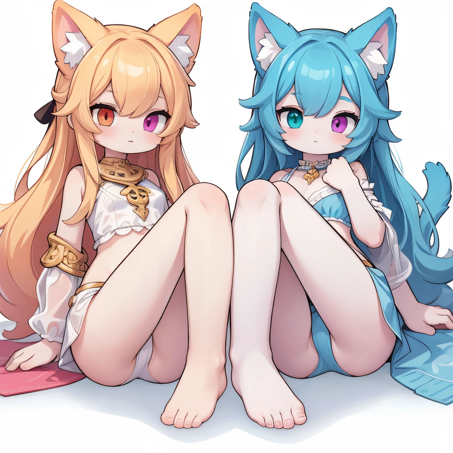 Two Beautiful Midas Cat Girls with Heterochromia Barefoot Showing Their Lasiva Feet