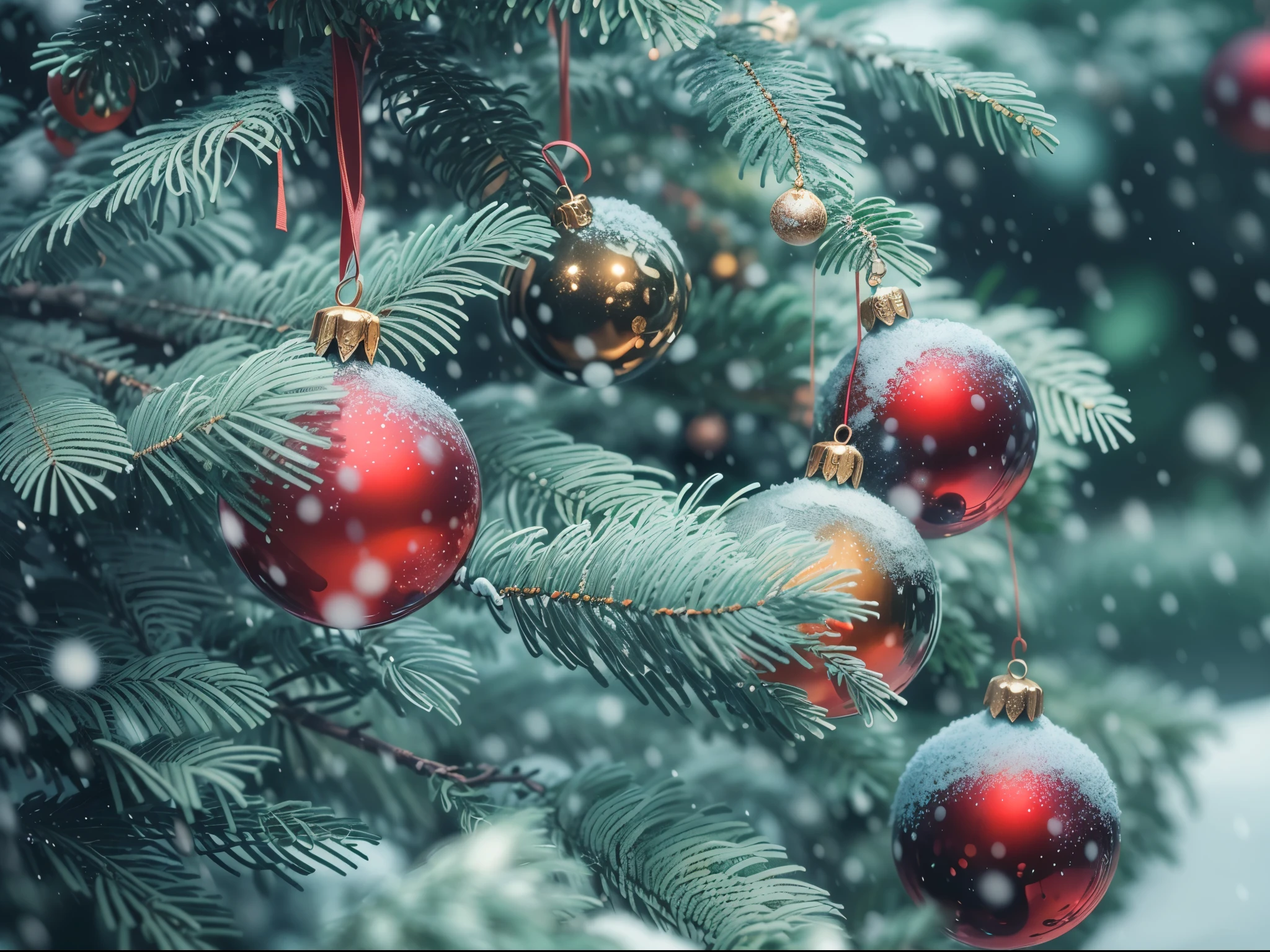 (Best quality,A high resolution), Beautiful Christmas decoration, Sparkling ornaments, tranquil ambiance, It's snowing outside, Christmas and New Year holidays concept. Red balls on fir branches,