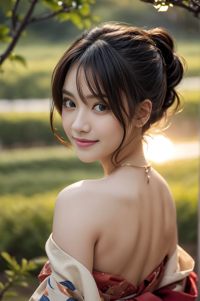 (Photoreal Stick:1.5, masutepiece:1.5, RAW shooting, 8K), (top-quality, masterpiece, 超A high resolution), morning, ((Shoot with blur:1.7)), (fog the lens:1.6), (reflect light onto the lens:1.7), ((sunrises, Sunlight coming in from behind:1.7, morning日の陽光が画面いっぱいに広がる:1.7)), ((morning日の陽光が女性を照らす:1.8)), ((画面全体がmorning日の陽光のせいで白く霞んで見える:1.8)), ((女性はmorning日の陽光でぼんやりして見える:1.9)), Face Sharp Focus:1.3, Professional camera work:1.3, Highly detailed skin and facial texture:1.3, Grow Light Effect, The ultra-detailliert:1.3, 1girl in, Fair skin, (Sense of clarity:1.4, a small face, Extremely beautiful face:1.5), (Sense of clarityを感じる目:0.9, looking distantly), A smile:1.0, i love you completely:0.8, (Slightly open mouth:0.4, Sense of clarityを感じる口当たり:0.7), 二重まぶた, Dark brown medium hair, necklace and earrings, (japanese kimono, off shoulders)